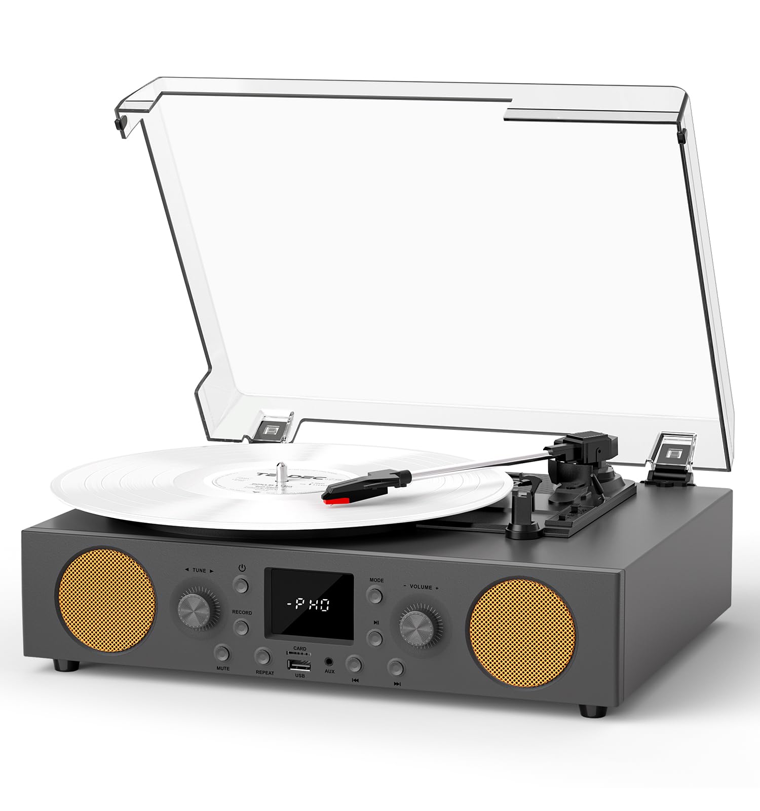 MANGOSTAN 3-Speed Belt-Driven Record Player with Built-in Speakers, Bluetooth Turntable with FM Radio, USB Recording, RCA Line O