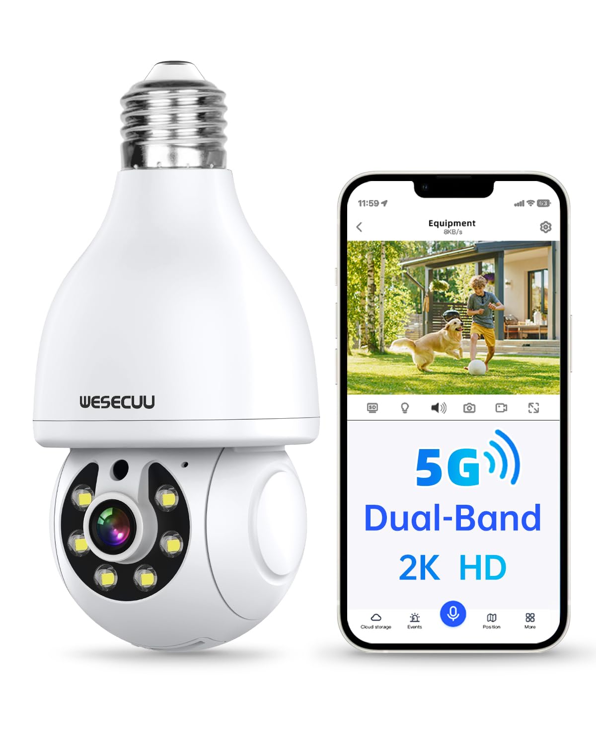 Wesecuu Light Bulb Security Camera, 2.4G/5G Wifi Security Cameras Wireless Outdoor Indoor For Home Security, 2 Way Talk, Human D
