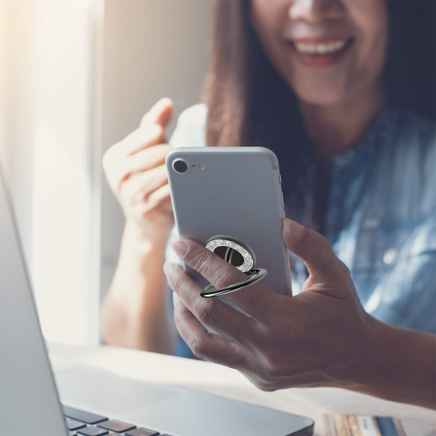 Pikabo Cell Phone Ring Holder Stand, Cell Phone Grip Holder, Adhesive Phone Grip For Phones And Cases. (Glitter Silver)