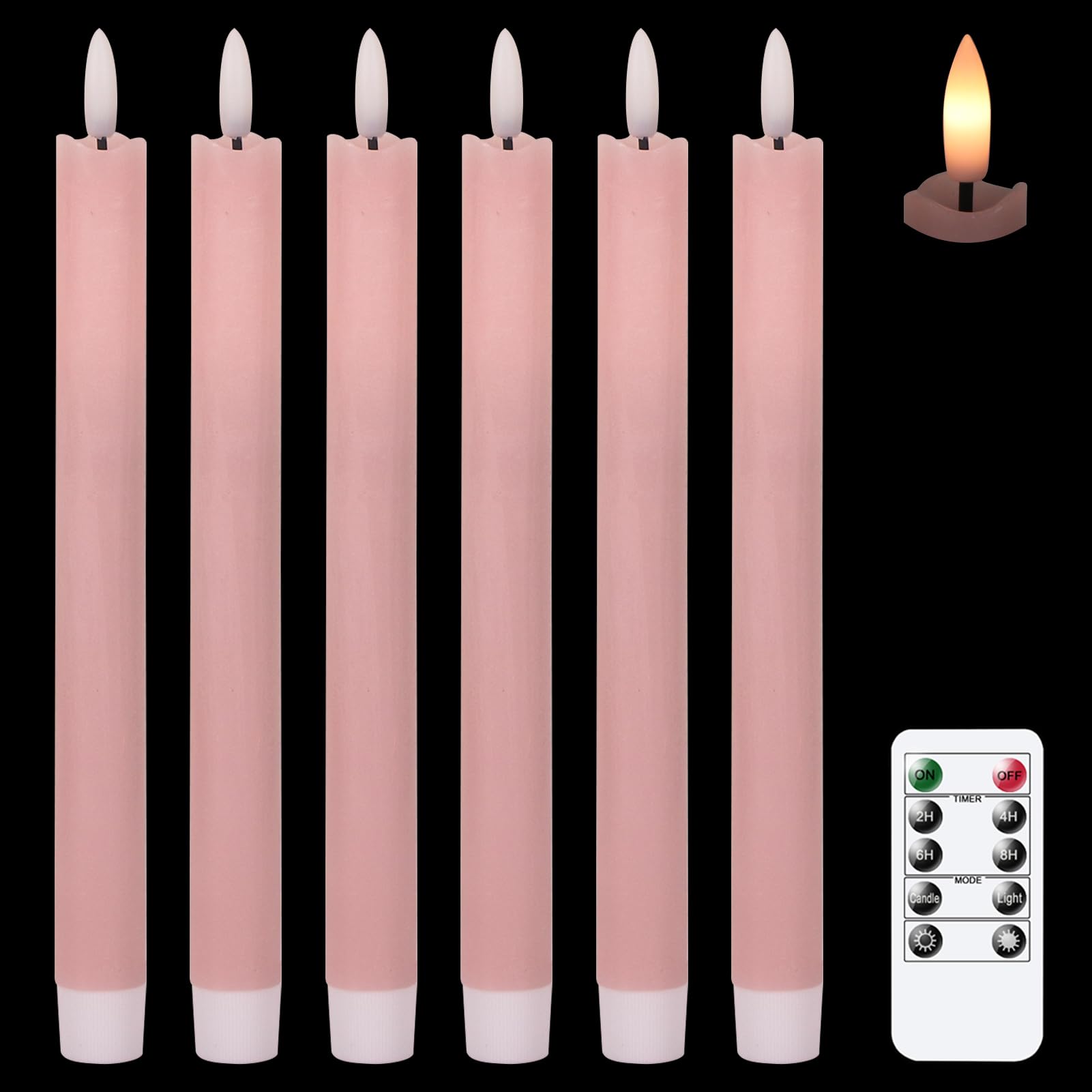 Genswin Flameless Pink Taper Candles Flickering With 10 Key Remote, Battery Operated Led Warm 3D Wick Light Window Candles Real