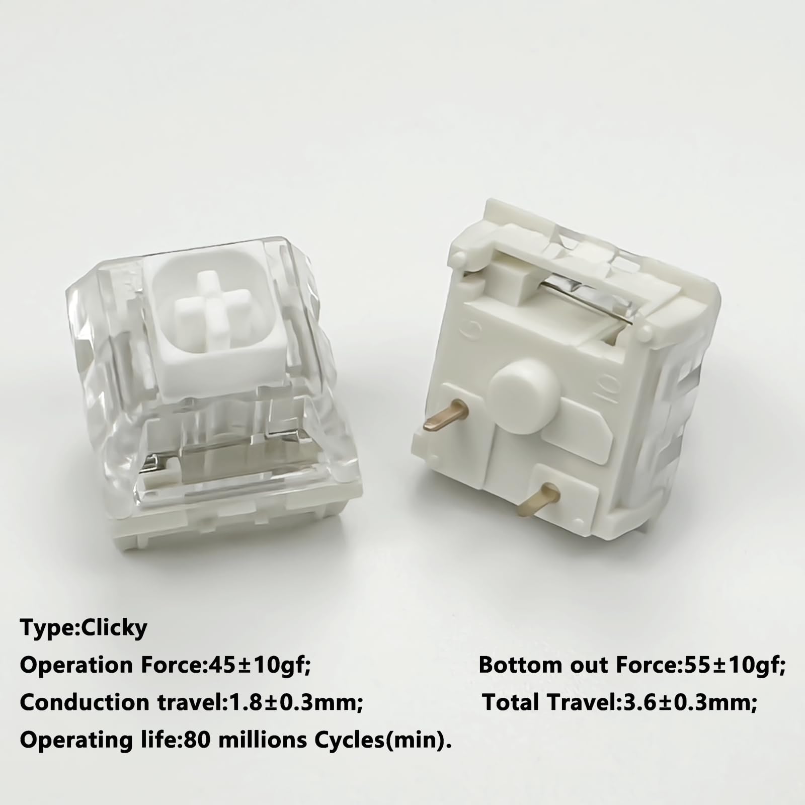 Zjmehty Kailh Box White Mechanical Keyboard Switches,3 Pin 45Gf Clicky/Speed Typing/Gaming/Waterproof Switches(90Pcs,Kailh Box W