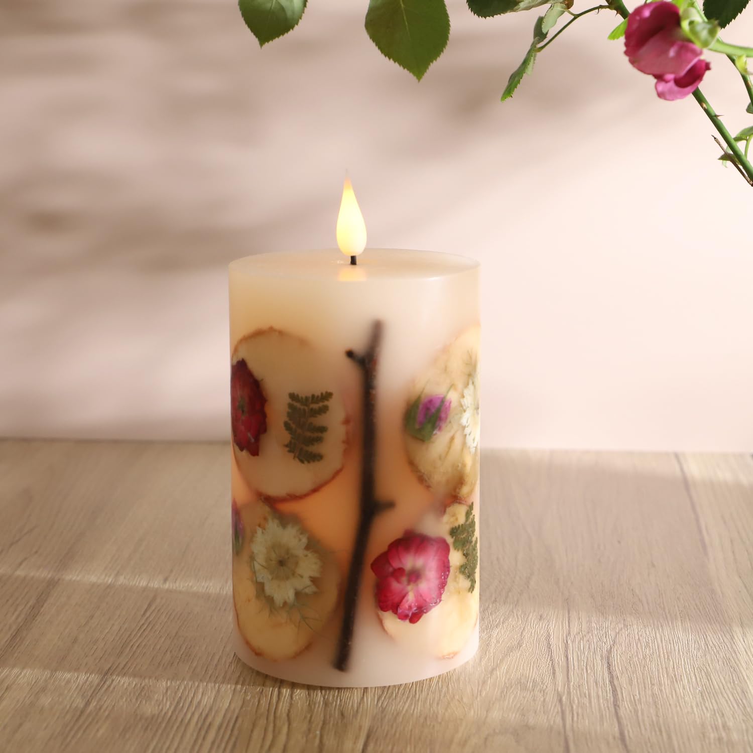 MIYA LIFE Apple Cinnamon Candles with Rose Petals - 3.5 x 6 LED Candle with Real Wax & Dried Flowers - Battery Operated with Rem
