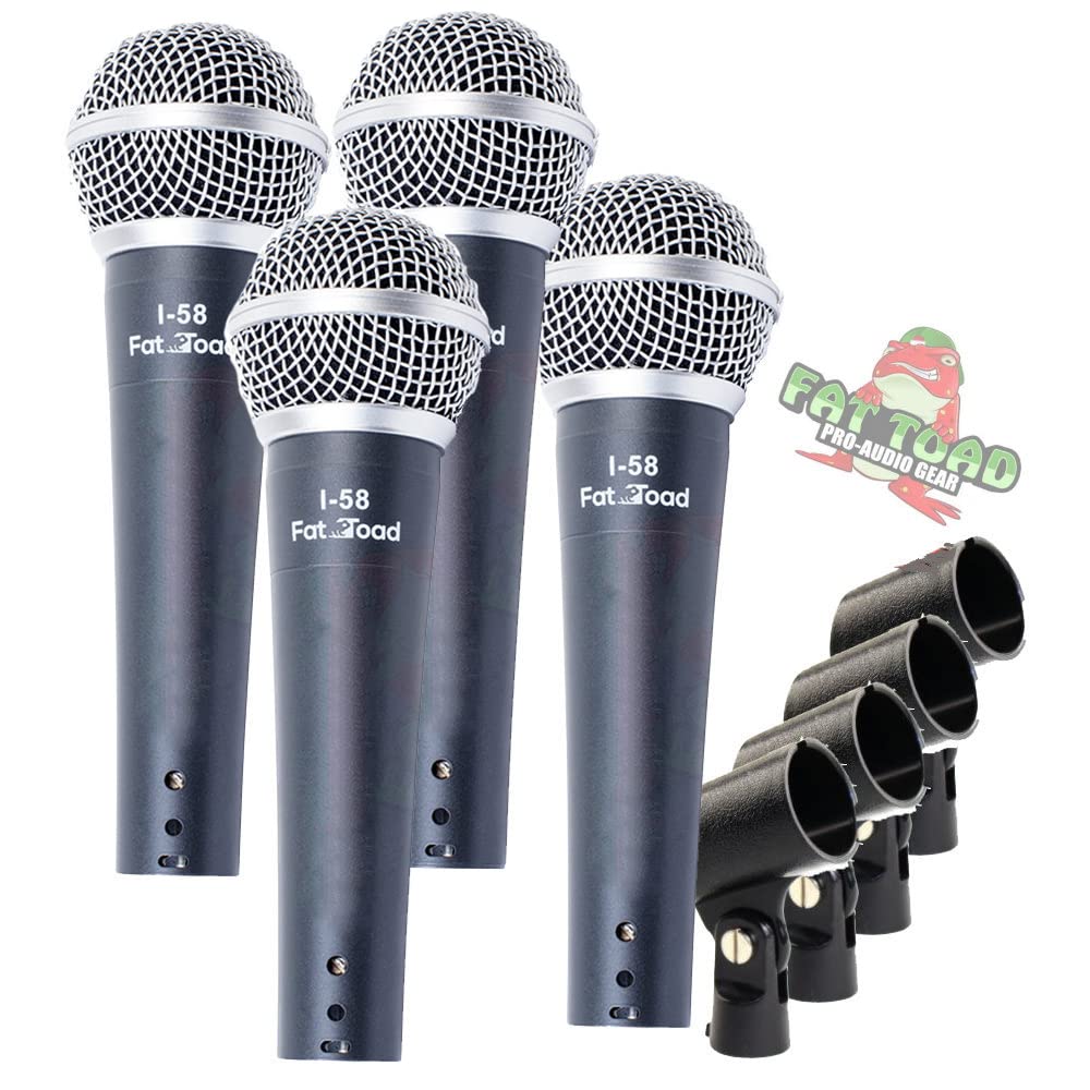 Fat Toad Cardioid Microphones With Clips (4 Pack) Vocal Handheld, Wired Unidirectional Mic | Singing Microphone Designed For Mus