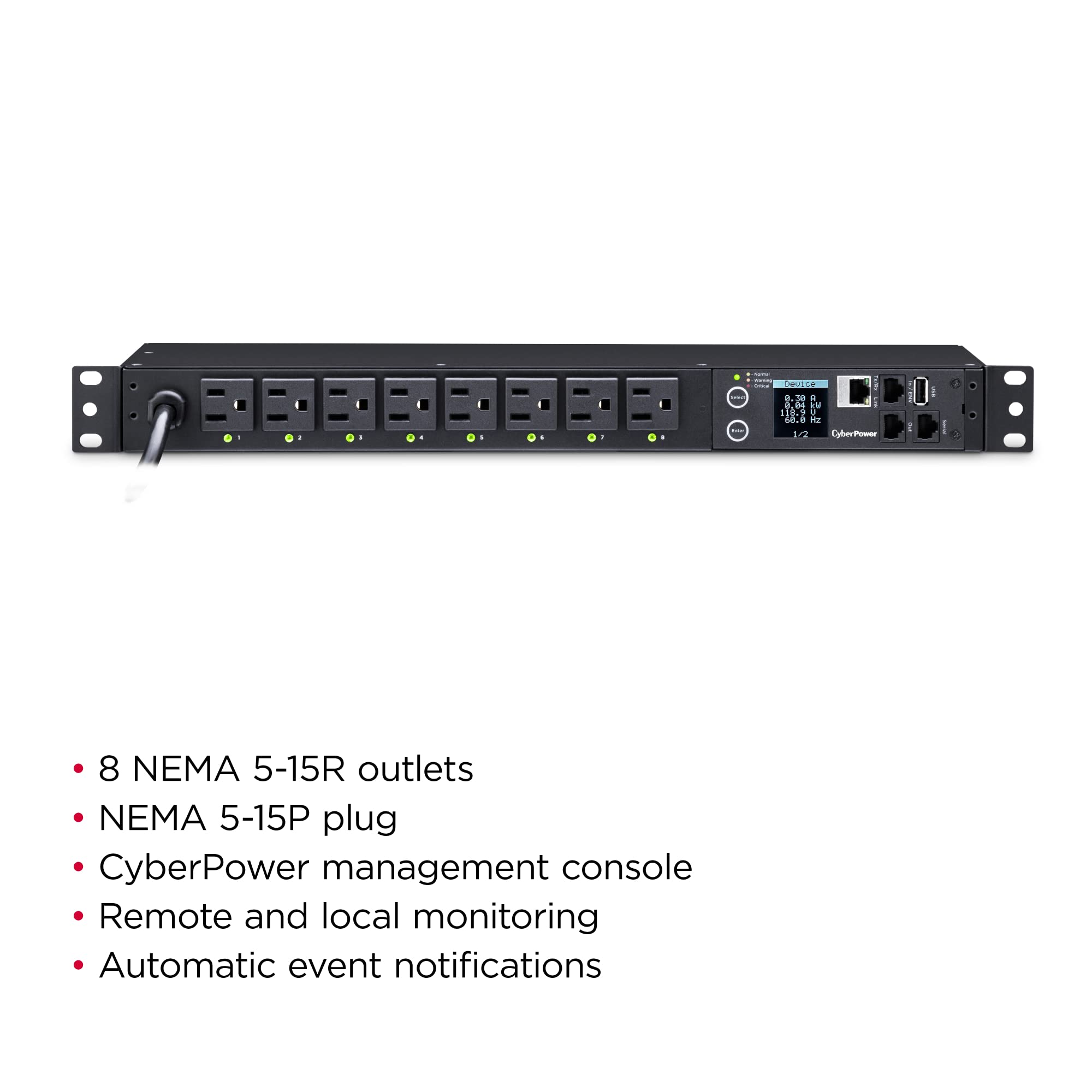 Cyberpower Pdu41001 Switched Pdu, 120V/15A, 8 Outlets, 1U Rackmount