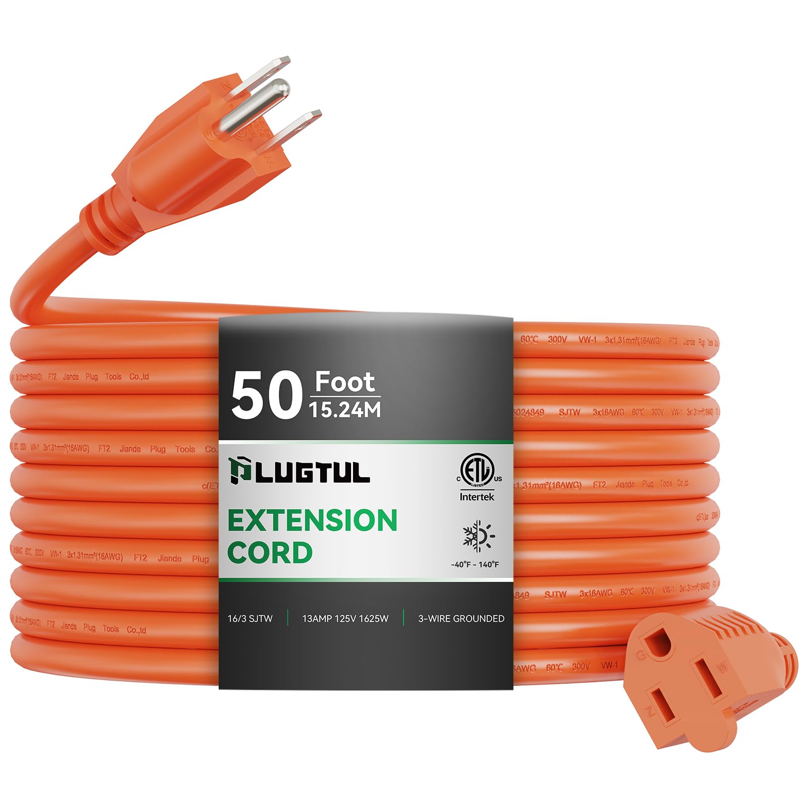 Outdoor Extension Cord 50 Ft Waterproof, 16/3 Gauge Heavy Duty 3 Prong Extension Cord, 13A 1625W Sjtw, Etl Listed, Great For Gar