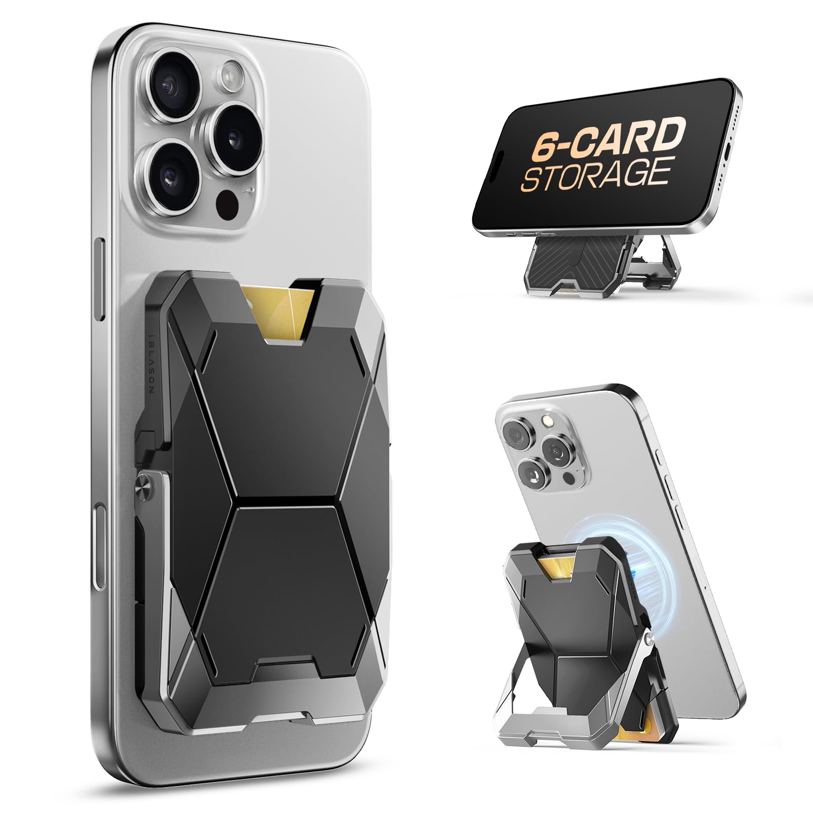 I-Blason For Magsafe Wallet With Stand, Magnetic Wallet For Iphone [6 Cards Holder] [Rfid Blocking] [Metal Lock Cover] [Extra Ma