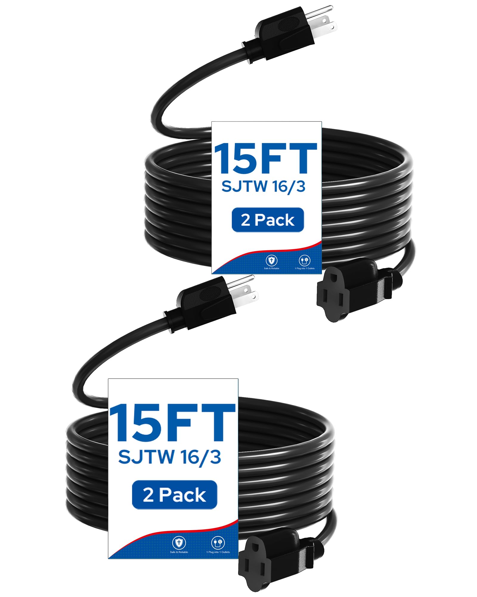 Wilawels 2 Pack Outdoor Extension Cord 15Ft, 16/3 Sjtw Durable Power Cable For Indoor And Outside Use, 3 Prong Grounded Outlets,