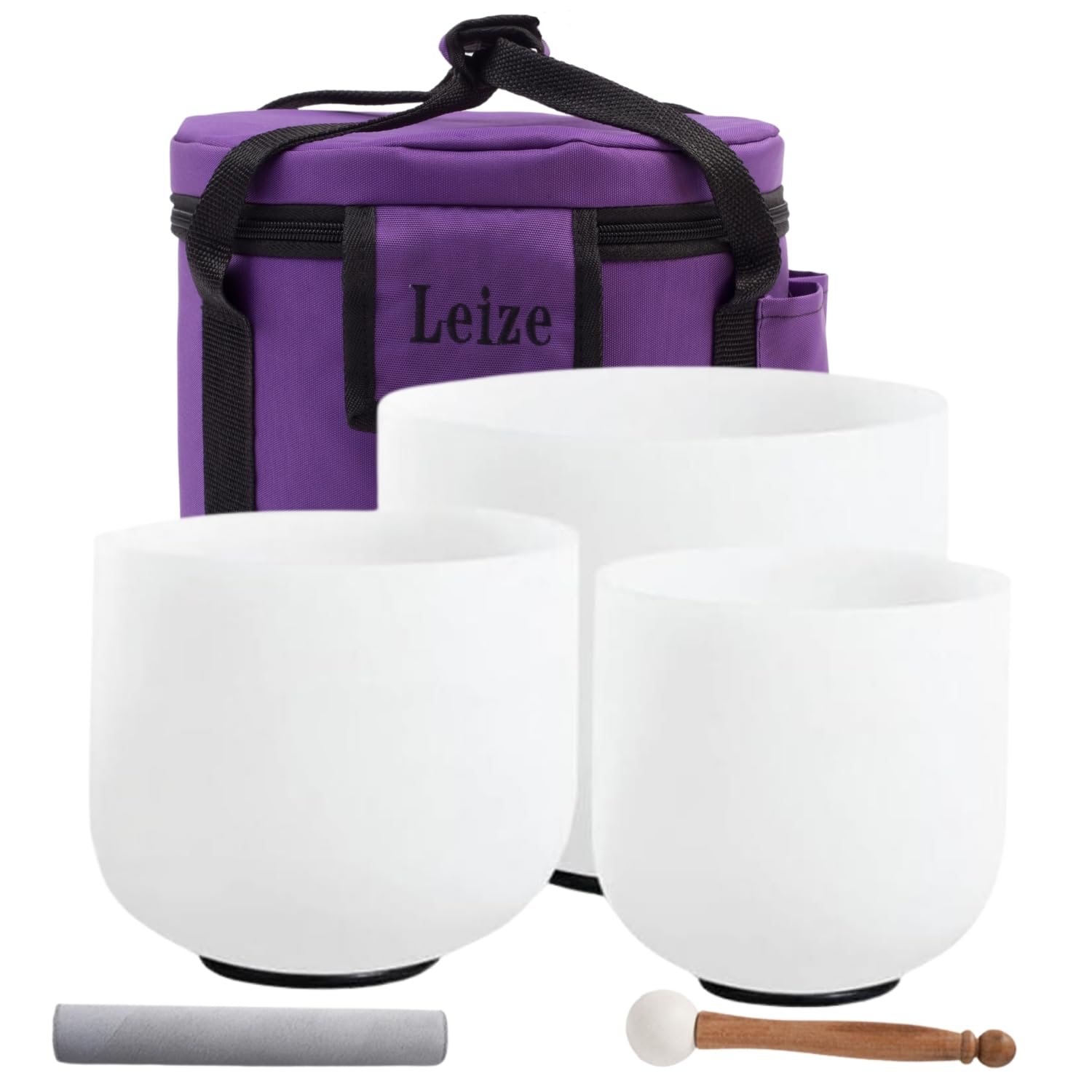 Leize Crystal Singing Bowl Tuned Quartz with Suede Striker Carry Case Bag, Set of 3 PCS 432HZ 6 A 8 F 10 C, Frosted White