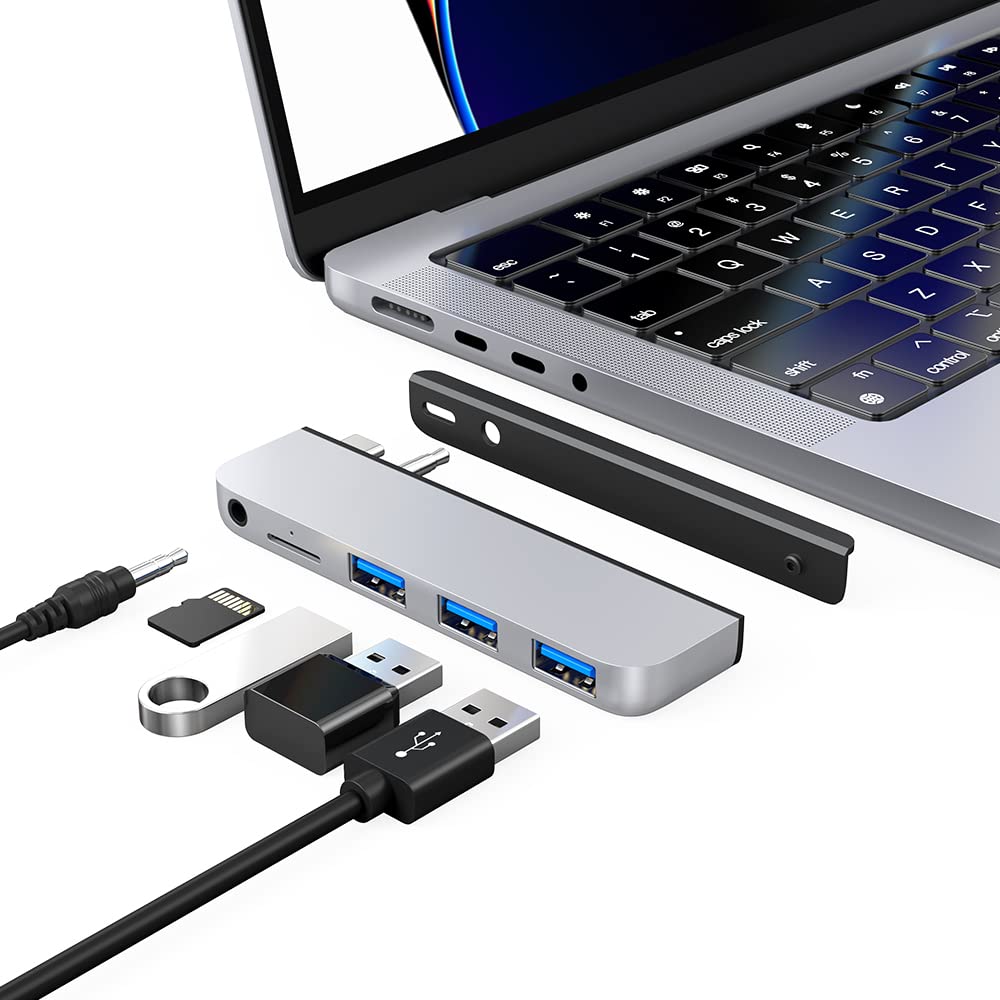 Qwiizlab Usb C Hub 5 In 1 Adapter, Usb 3.0 Data Port, Microsd Card Reader, 3.5Mm Audio Port For 2024/23/22/21 14/16 Inch Macbook
