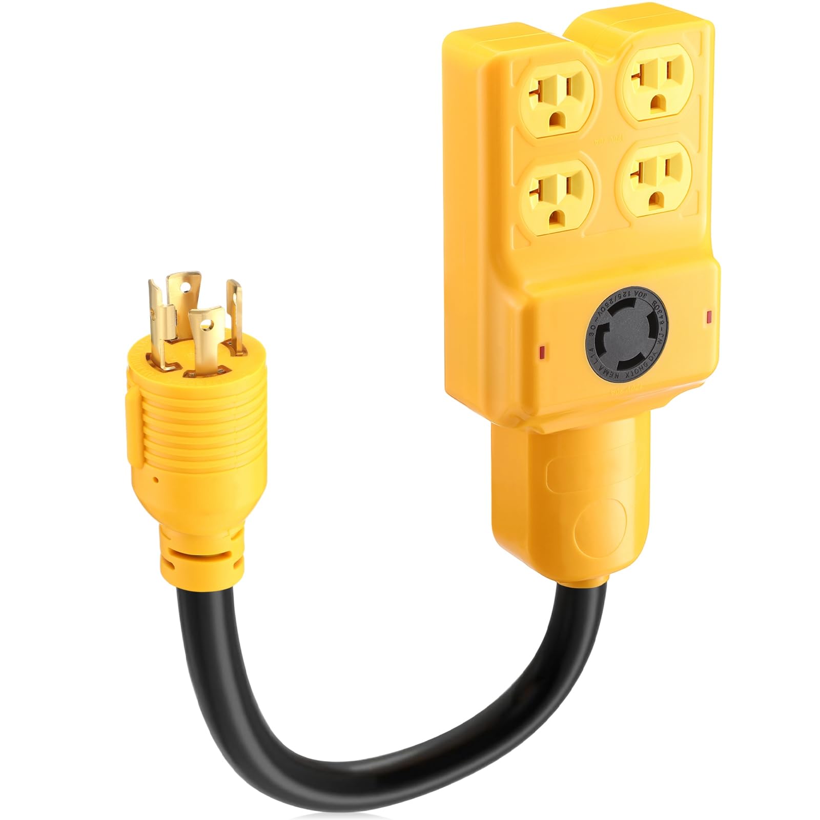 Kanayu Nema L14 30P To 4 Port 5 20R/ 5 15R & L14 30R Generator Adapter Extension Cord, 4 Prong Locking Generator 30 Amp To 15/20