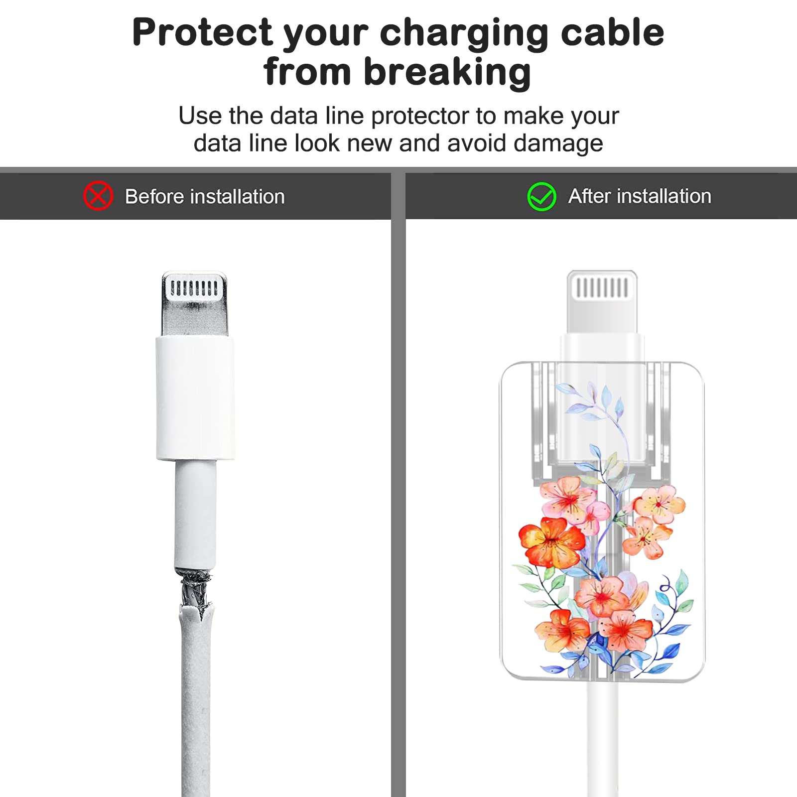 Cute Floral Cable Protector For Iphone Charger Lavender Camellia Sunflower Flower Bouquet Lace Cherry Blossom Pattern 6 Pcs Set