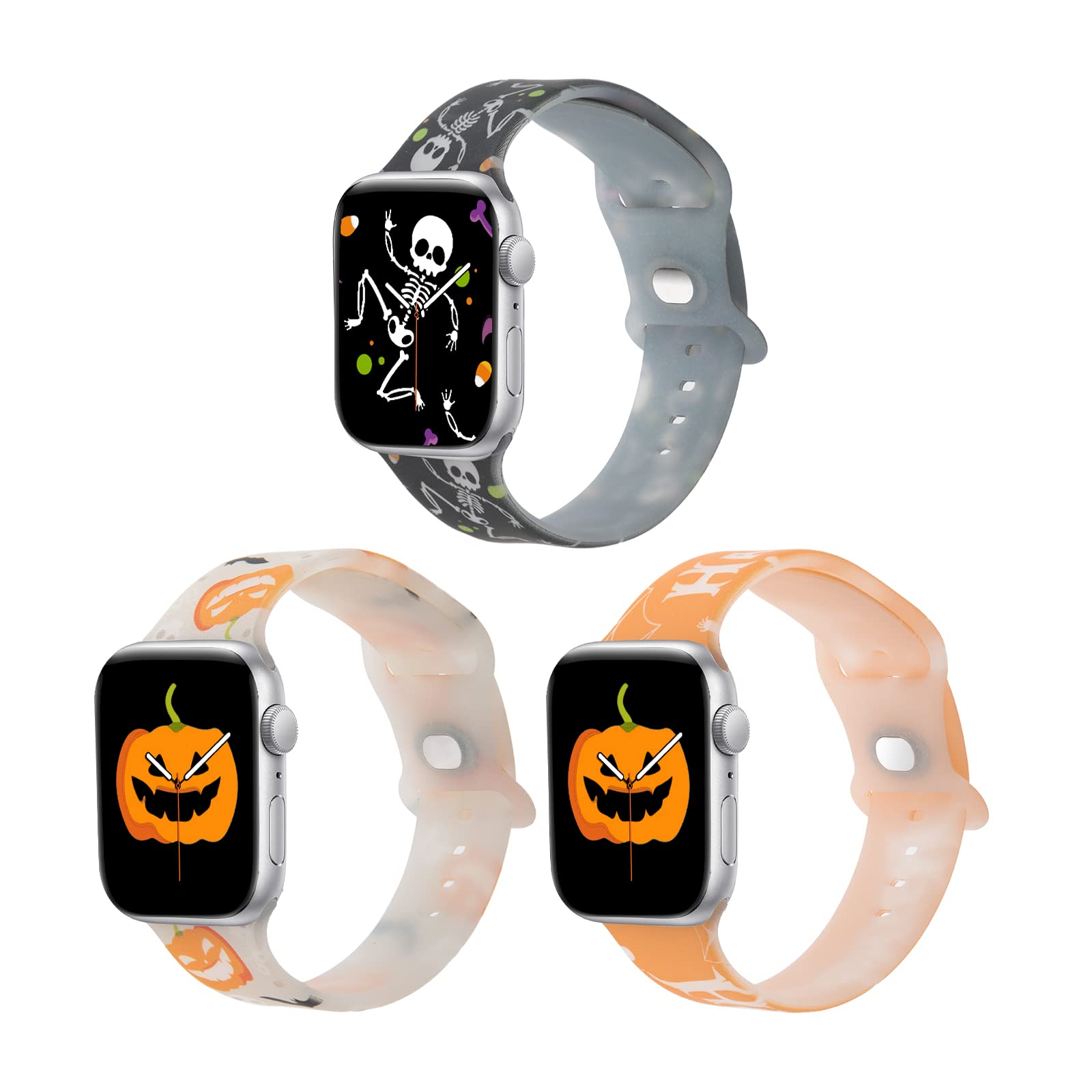 Halloween Band Compatible Apple Watch Women 3 Packs 42Mm/44Mm/45Mm/49Mm, Blingbrione Soft Silicone Glow Luminous Pumpkin Skull S