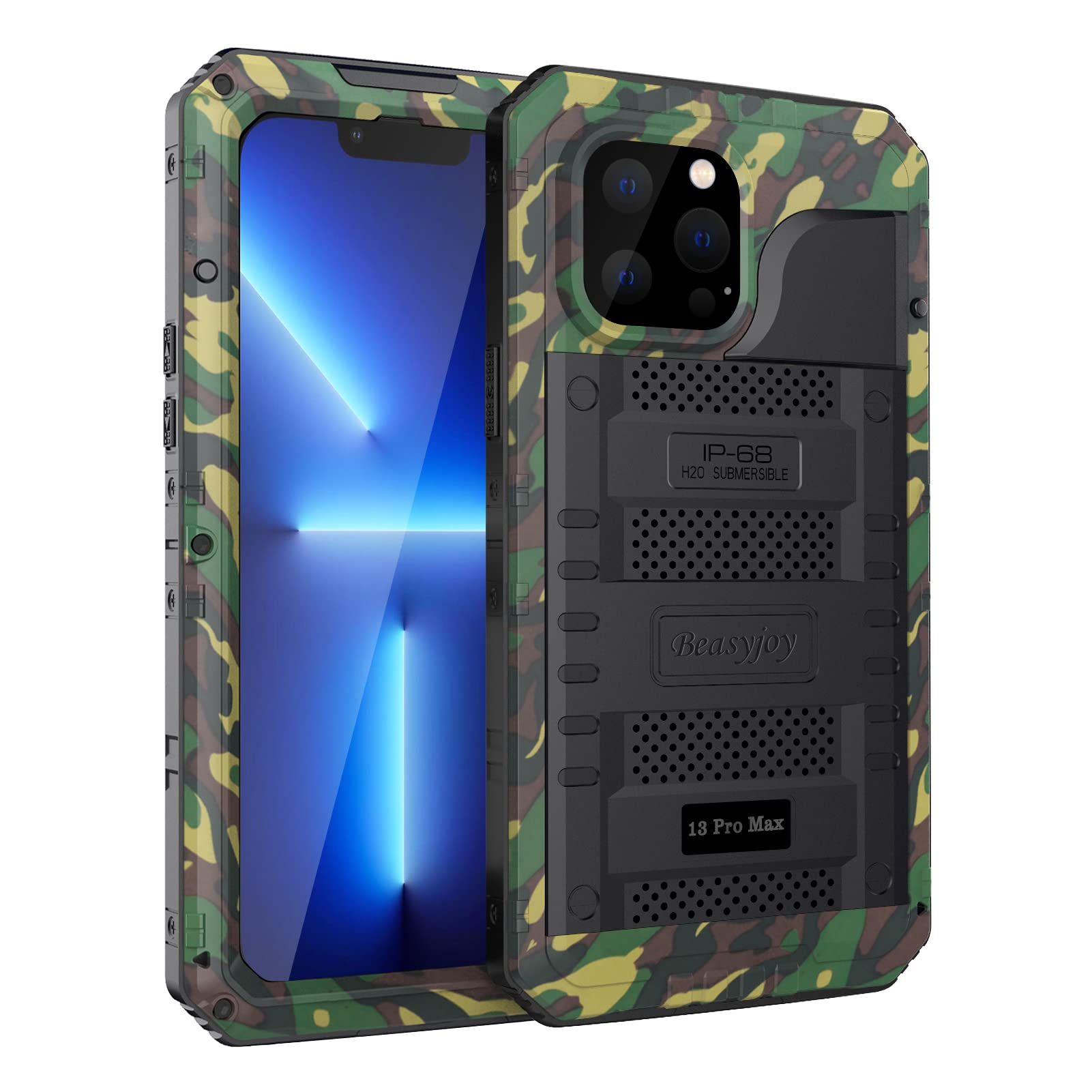 Beasyjoy For Iphone 13 Pro Max Case Waterproof, Metal Military Grade Case With Built In Screen Protector, Heavy Duty Full Body P