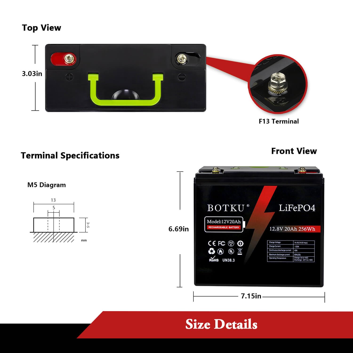 Botku 12V 20Ah Lithium Lifepo4 Deep Cycle Battery, 3000+ Cycle Rechargeable Lithium Iron Phosphate Battery For Solar, Fish Finde