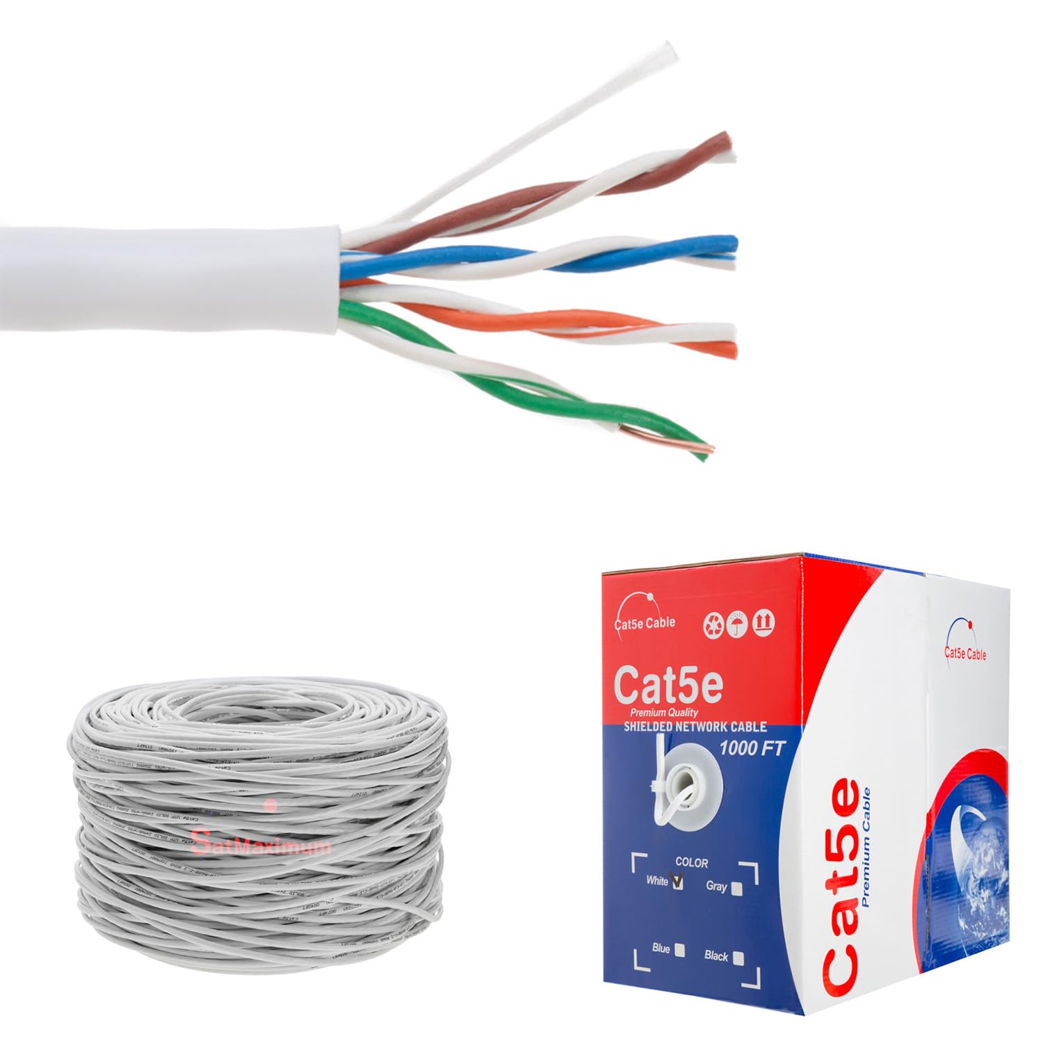 SATMAXIMUM Cat5e UTP Bulk 24 AWG 1000ft Ethernet Cable Wire Unshielded Twisted Pairs(UTP), 550MHz, Pull Box (White)