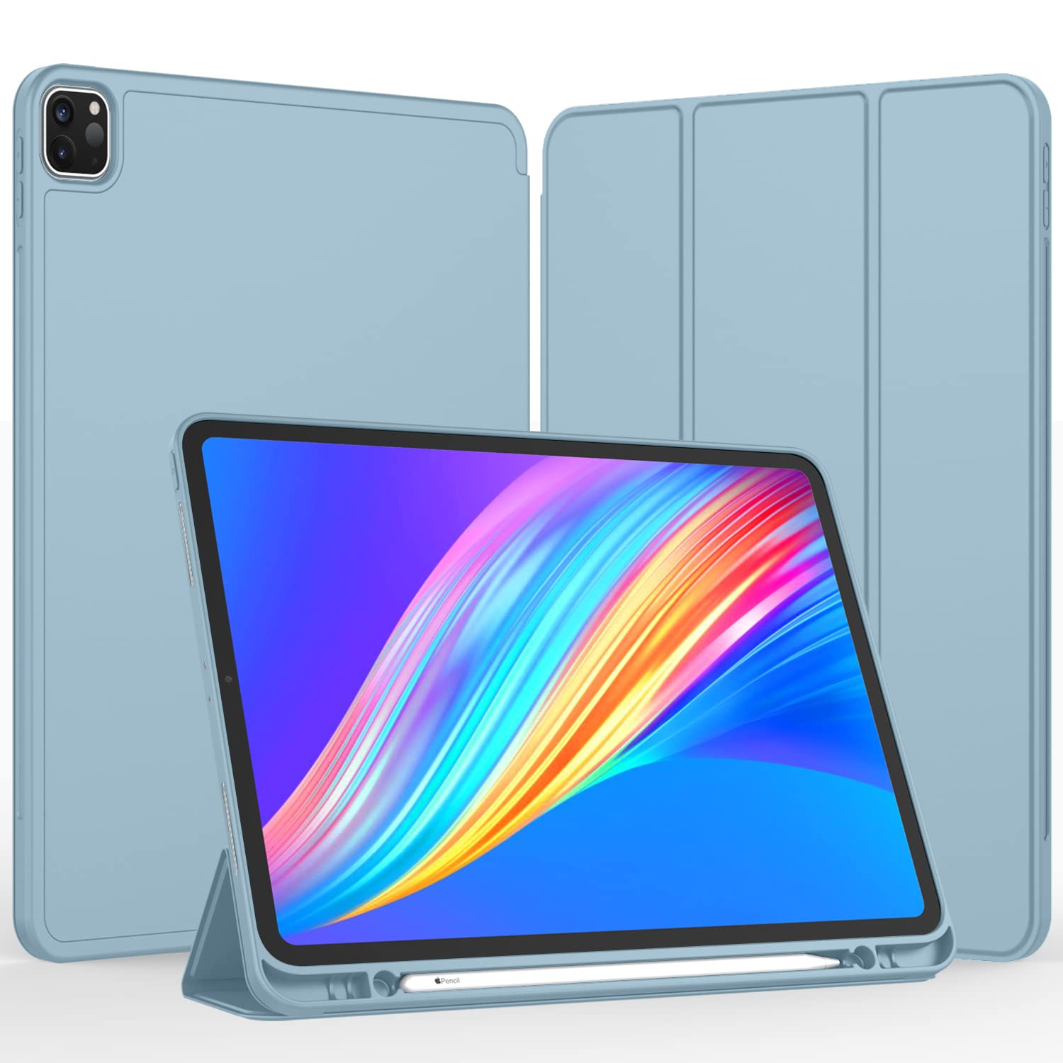 Imieet New Ipad Pro 11 Inch Case 2022(4Th Gen)/ 2021(3Rd Gen) With Pencil Holder [Support Ipad 2Nd Pencil Charging/Pair],Trifold Stand Smart Case With Soft Tpu Back,Auto Wake/Sleep(Light Blue)