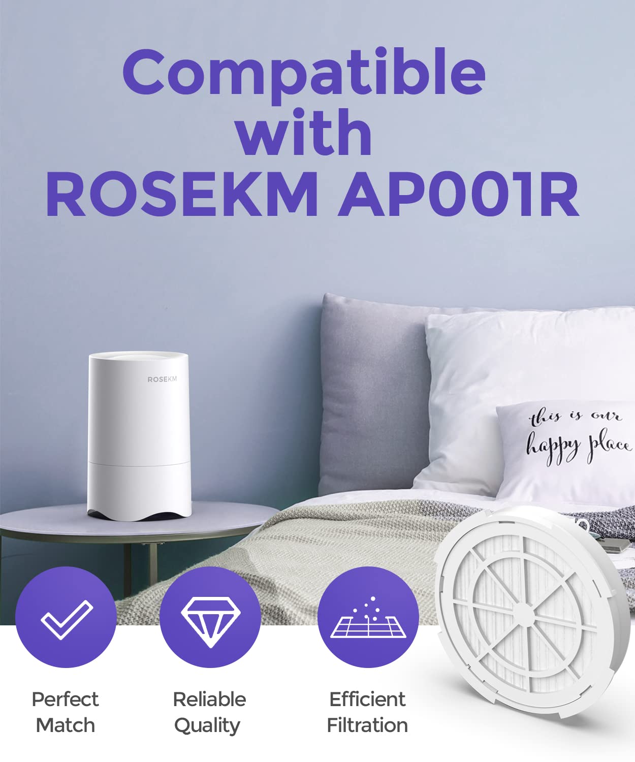 Rosekm 1 Year Pack Air Purifier Replacement Filter For Ap001R & Ap002R, True Hepa Filter, 4 Pack