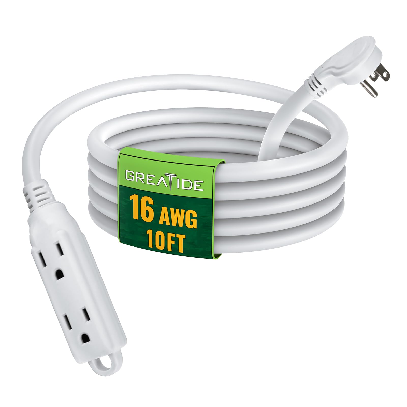 Greatide 10 Ft Flat Plug Extension Cord,16/3 Sjt Indoor Low Profile 3 Outlets Extension Cable With 45 Angled Flat Plug, Multiple