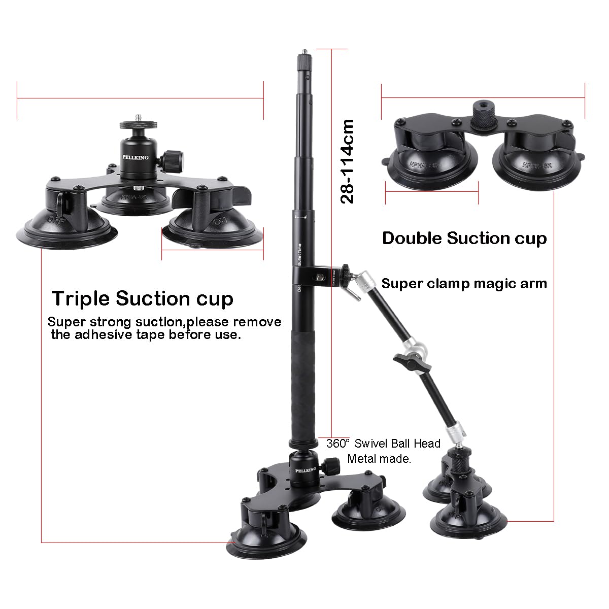 Pellking Suction Car Mount Kit For Insta360 X3, X2,Go 3, 4 In1 Suction Cups With 114Cm Selfie Stick Camera Triple Suction Mount Kit For Action Cameras,Compatible With Gopro 11,10,9,8,7(With Stick)