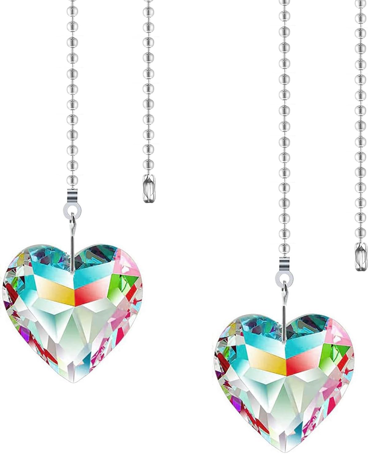 Hyamass 2Pcs Crystal Heart Prisms Pendant Ceiling Fan Pull Chain Extender With Ball Chain Connector (Ab Color)