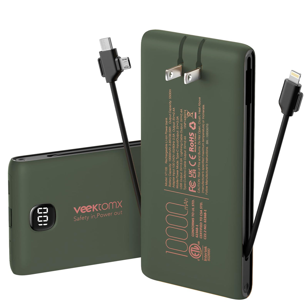 Portable Charger Power Bank Built in Cables and Wall Plug, 10000mAh iP ...