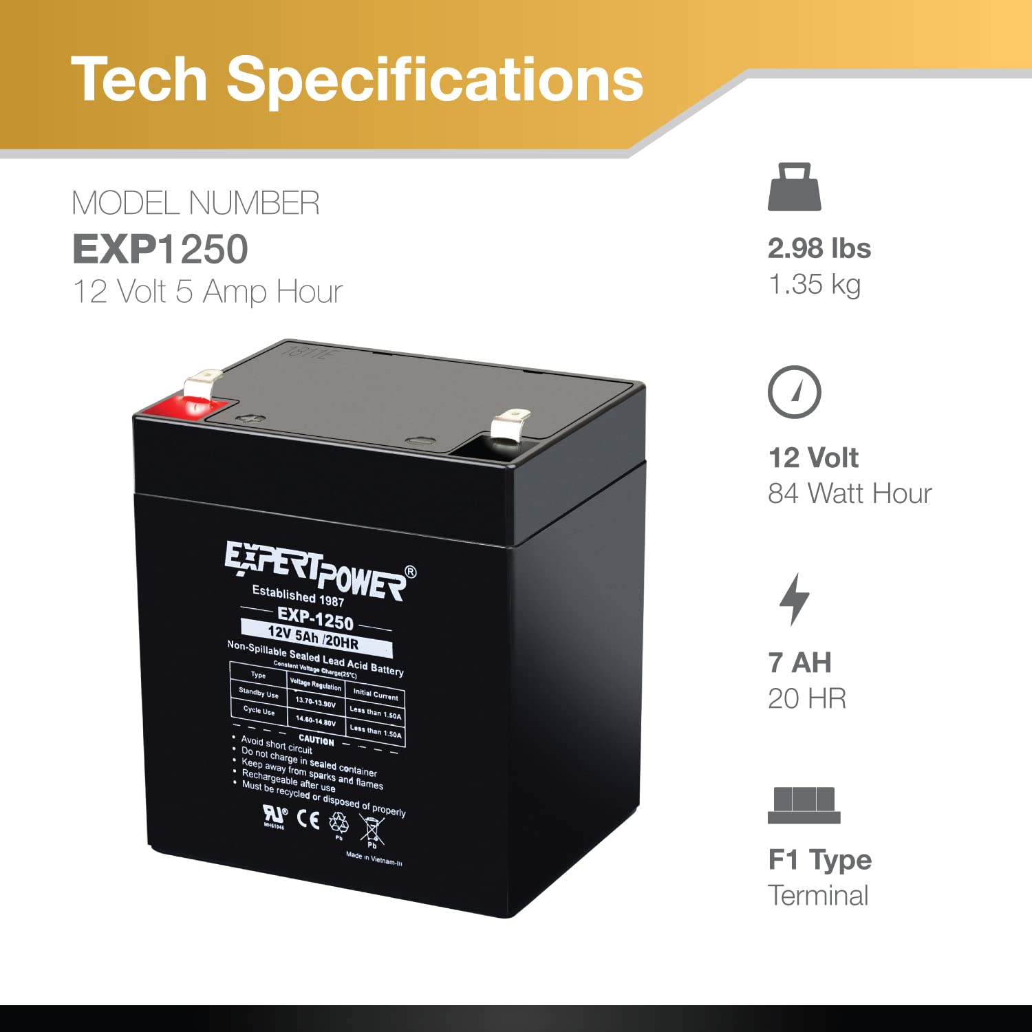 Expertpower Exp1250 12V 5Ah Home Alarm Battery With F1 Terminals