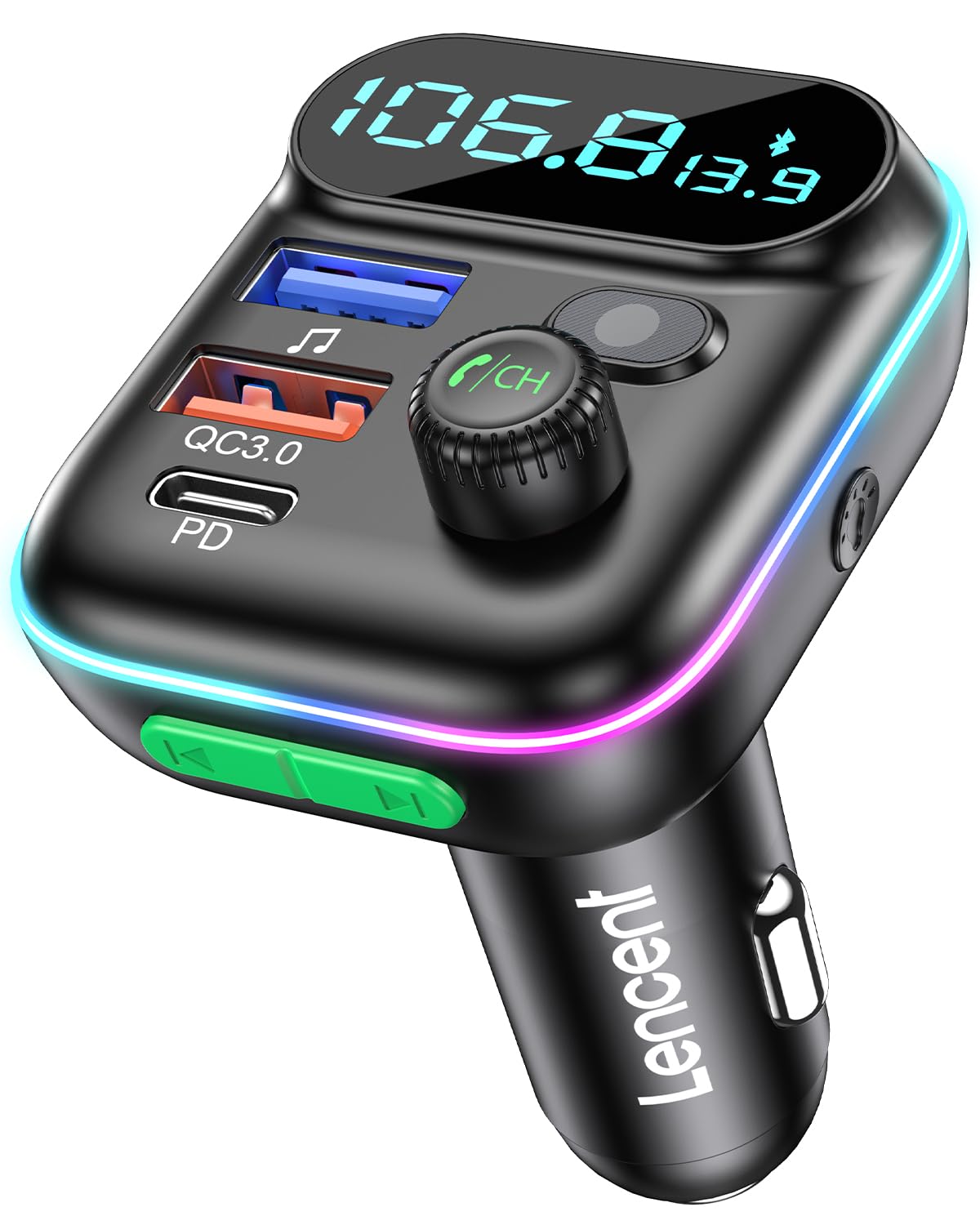 Lencent Fm Transmitter In Car Adapter, Wireless Bluetooth 5.0 Radio Car Kit,Type C Pd + Qc3.0 Fast Usb Charger, Hands Free Calli