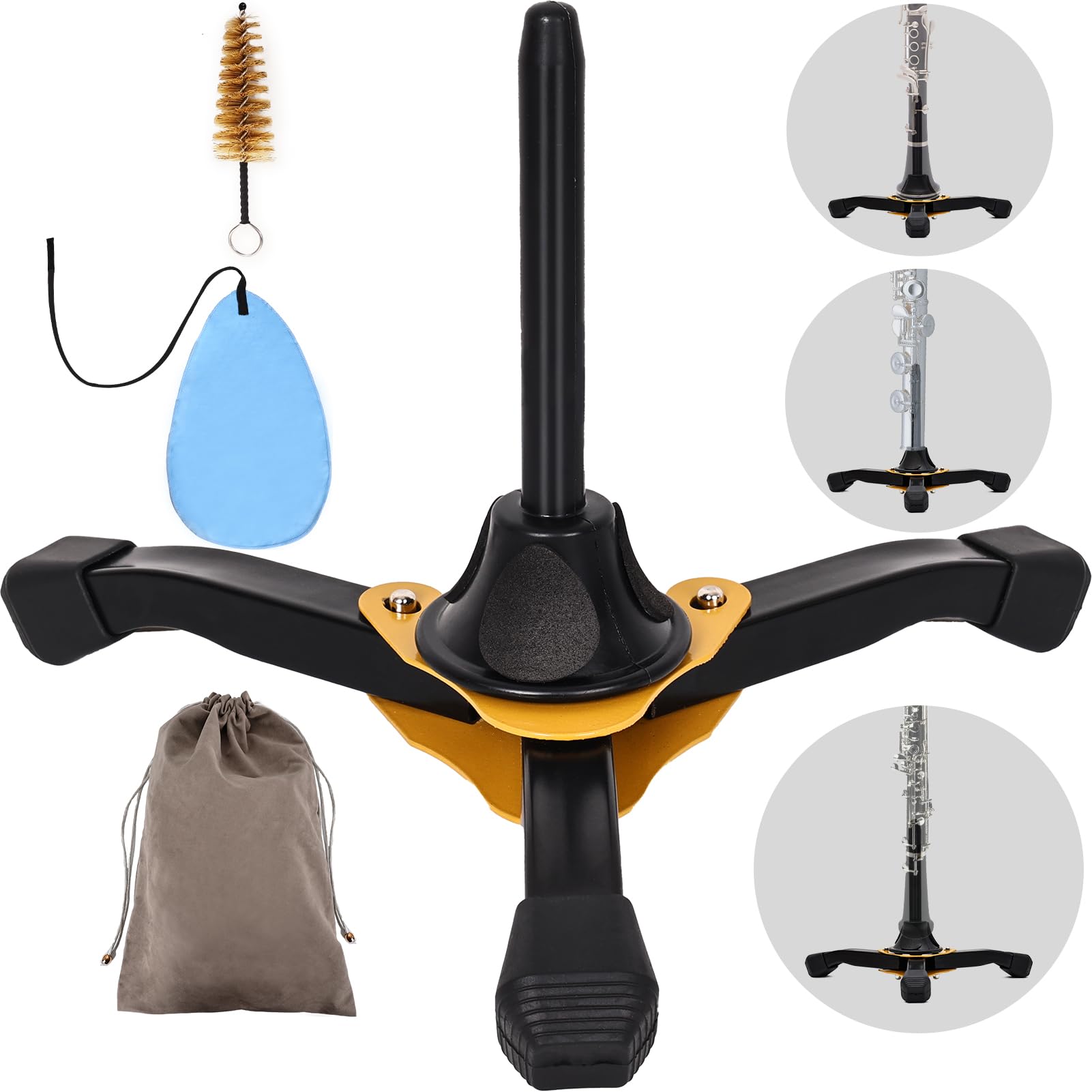 JUVAENY Clarinet Stand, Portable Flute Clarinet Stand with Flannel Bag,Clarinet Cleaning Cloth and Mouthpiece Brush, Foldable Fl