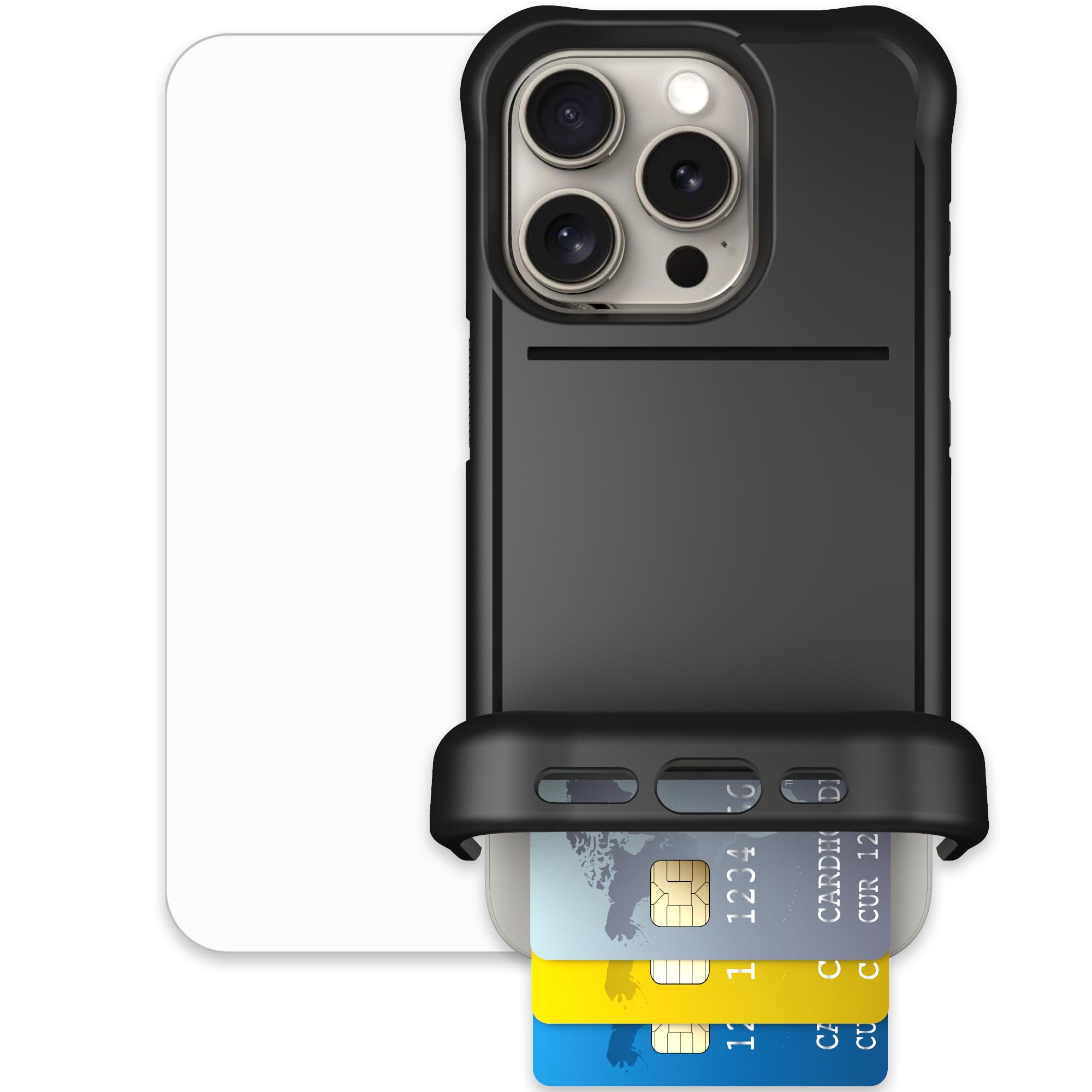 Scooch for iPhone 15 Pro Case with Card Holder, Wingmate Wallet Case Black, Bundled with Tempered Glass Screen Protector