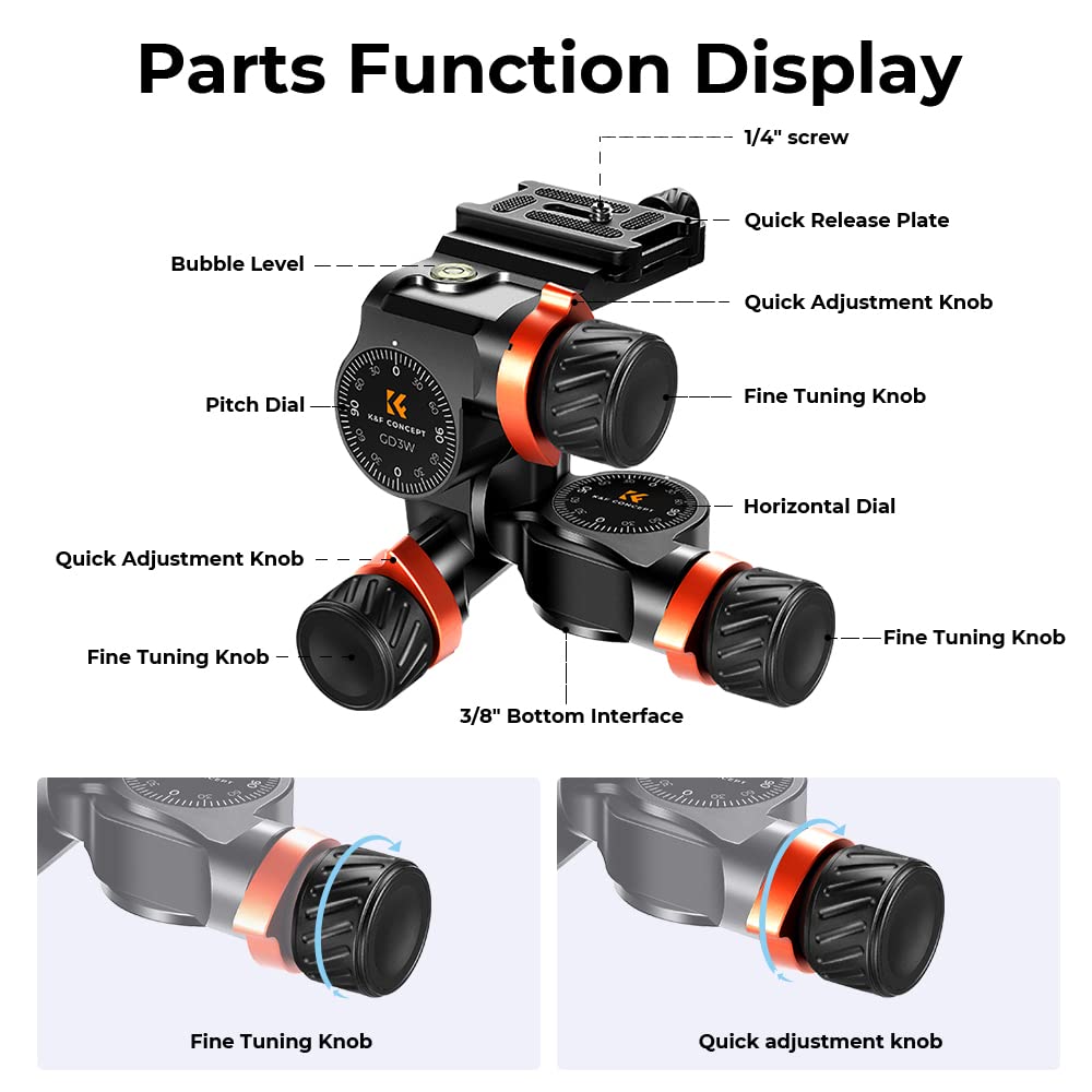 K&F Concept 3 Way Geared Tripod Head, Millimeter Micro Adjustment, Full Cnc Aluminum Alloy Tripod Head, Maximum Load Capacity Of 6Kg For Star Shooting, Commercial Photography, Etc.