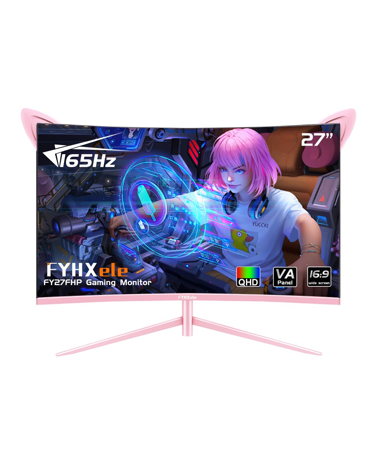 Fyhxele Fy27Qhp Pink Monitor 27 Inch Curved Gaming 165Hz   Support 144Hz 1800R 1Ms Qhd 2560 X 1440P Va Screen, Built In Speakers
