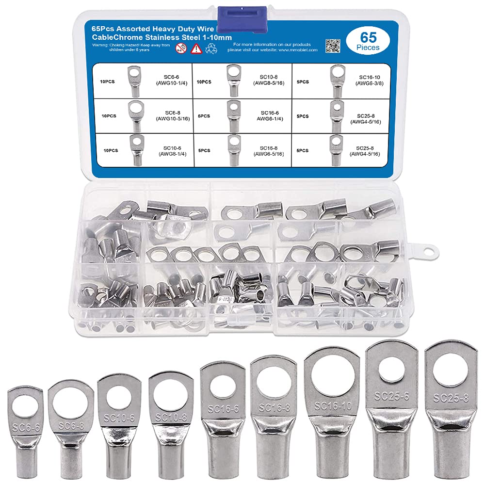Mmobiel 65Pcs Assortment Battery Cable Ends Heavy Duty Wire Lugs (Awg) Bolt Hole Tinned Copper Connector Set Wire Cable Lugs Rin