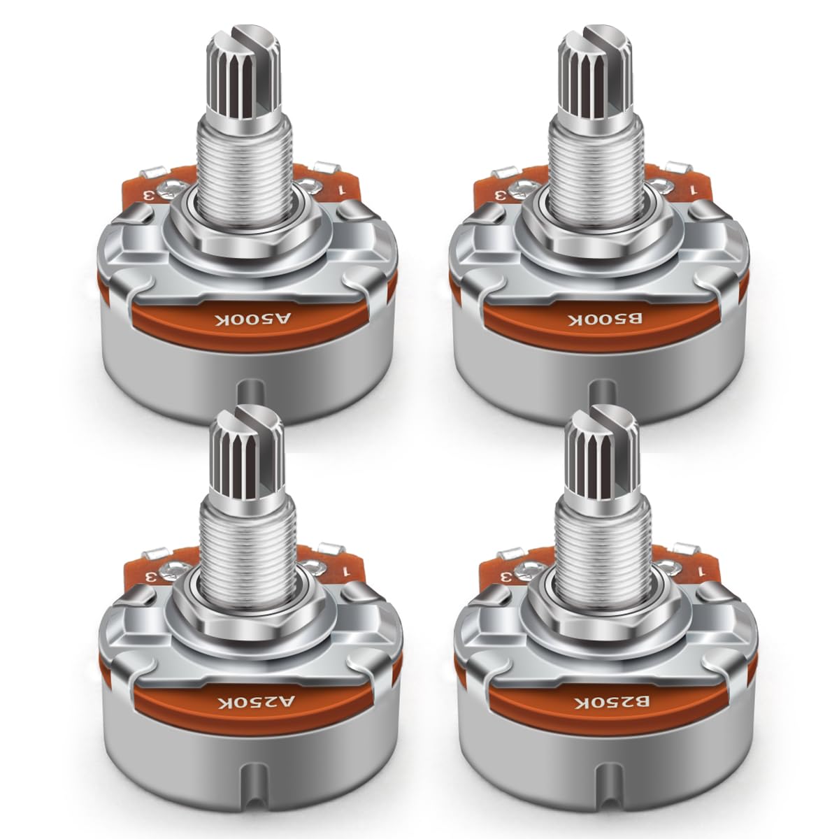 Saphue 4Pcs A250K+B250K+A500K+B500K Push Pull Potentiometer Brass Metric Coarse 18 Spline Split Shaft Pots Audio Taper Potentiom