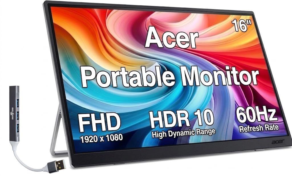 Acer 16 Portable USB-C IPS Monitor with 6ms Response Time, Anti-Glare, 220 nits Brightness, HDR10, Built-in Speakers, Mini HDMI