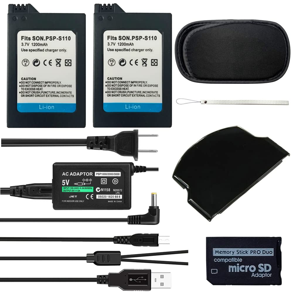 Tfseven 2Pcs Psp S110 1200Mah Rechargeable Lithium Ion Replacement Sony Psp Slim Battery + Ac Adapter 5V 2A Wall Travel Power Su