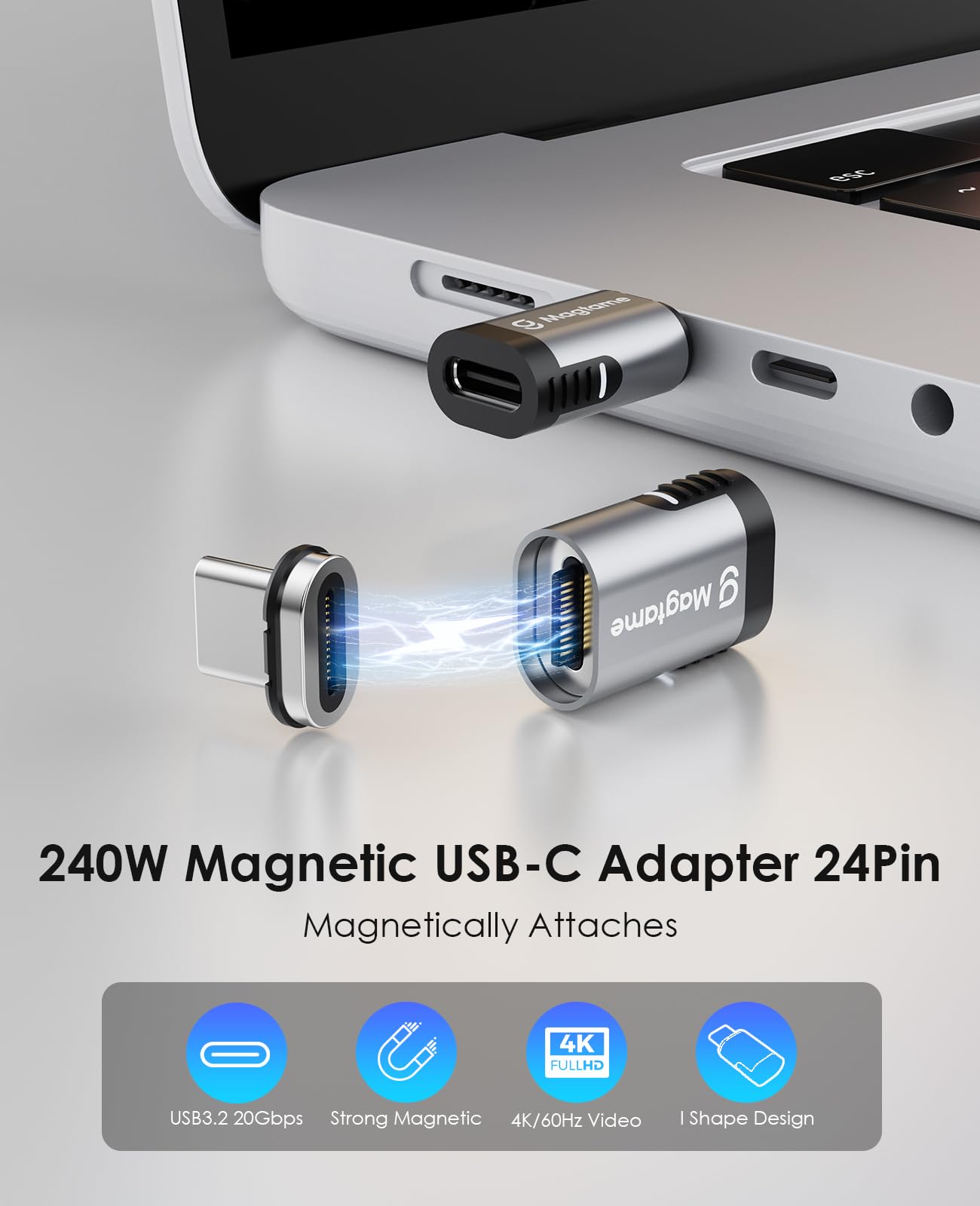 Magtame Magnetic Usb C Male To Usb C Female Adapter, 240W Type C Adapter Extender, 20Gbps Data Transfer 4K Video Output For Stea