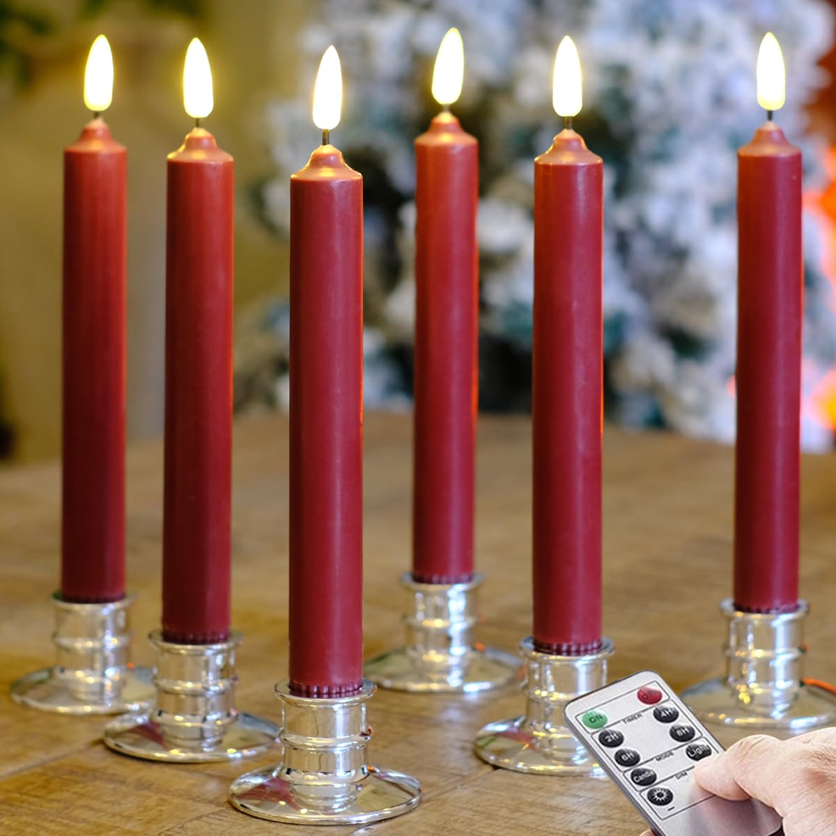 Nonno & Zgf 6Pack Real Wax Burgundy Red Flameless 8 Inch Battery Powered Windows Candles With Remote And Timer & Candlestick, Re