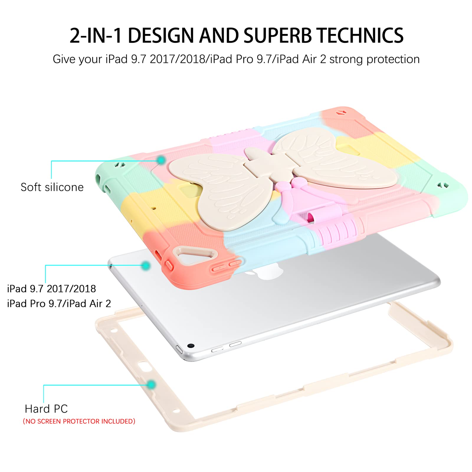 Duedue For Ipad Air 2 Case For Kids, Ipad 6Th/5Th Generation Case 2017/2018, Butterfly Wings Kickstand With Pencil Holder Heavy