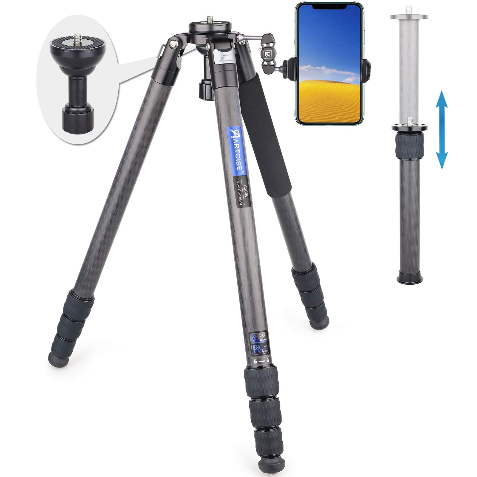 77'' Carbon Fiber Bowl Tripod Camera Video Tripod With 65Mm Fastbowl And Center Column Artcise As80C+Ec2 Professional Camera Tri