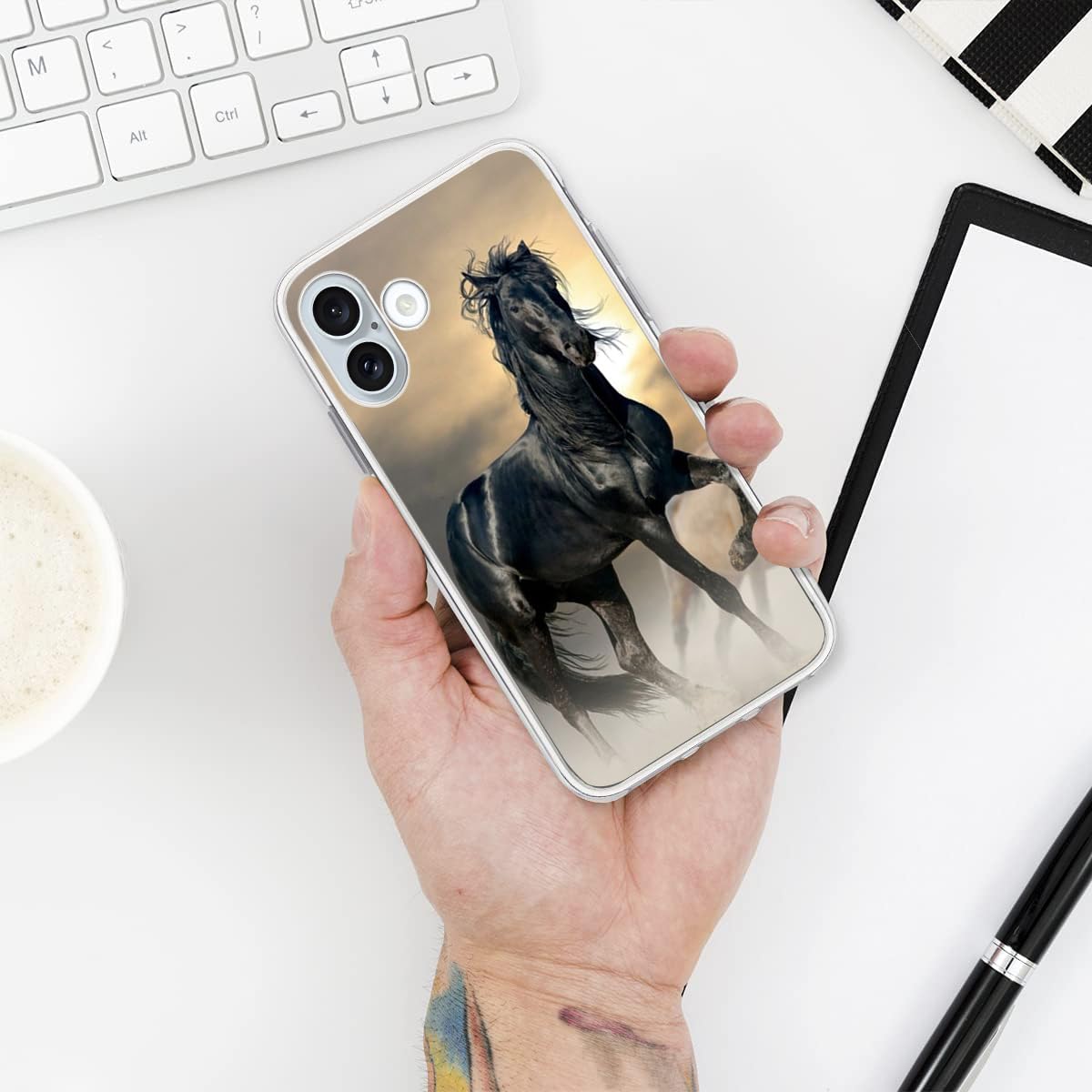 Hanlinzhiya Compatible With Iphone 16 Plus Case, Black Horse Cool Animal Horse Design Drop Protection Slim Shockproof Tpu Clear