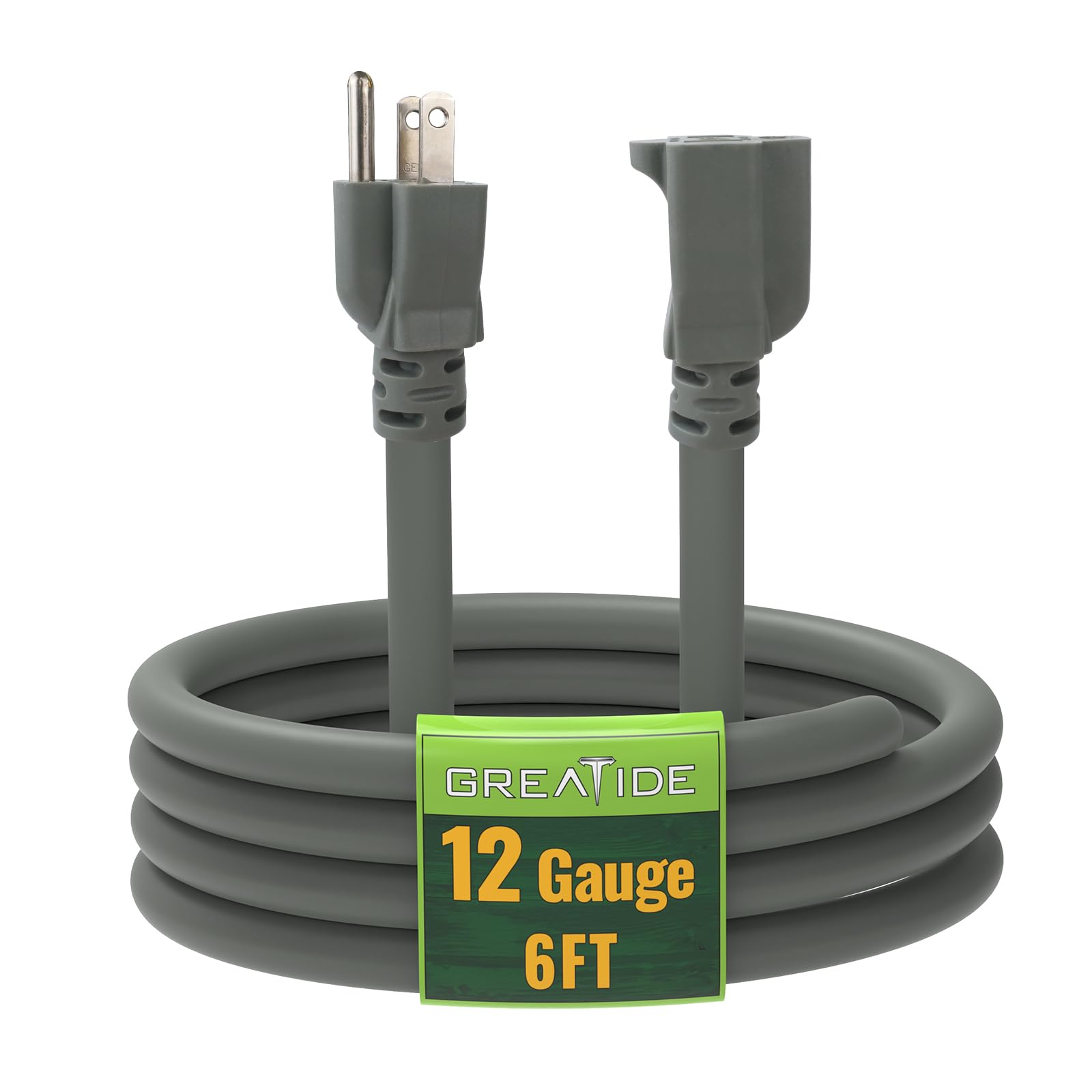 Greatide 6 Ft Outdoor Extension Cord   12/3 Sjtw Heavy Duty Grey Extension Cable With 3 Prong Grounded Plug   Power Cord For Law