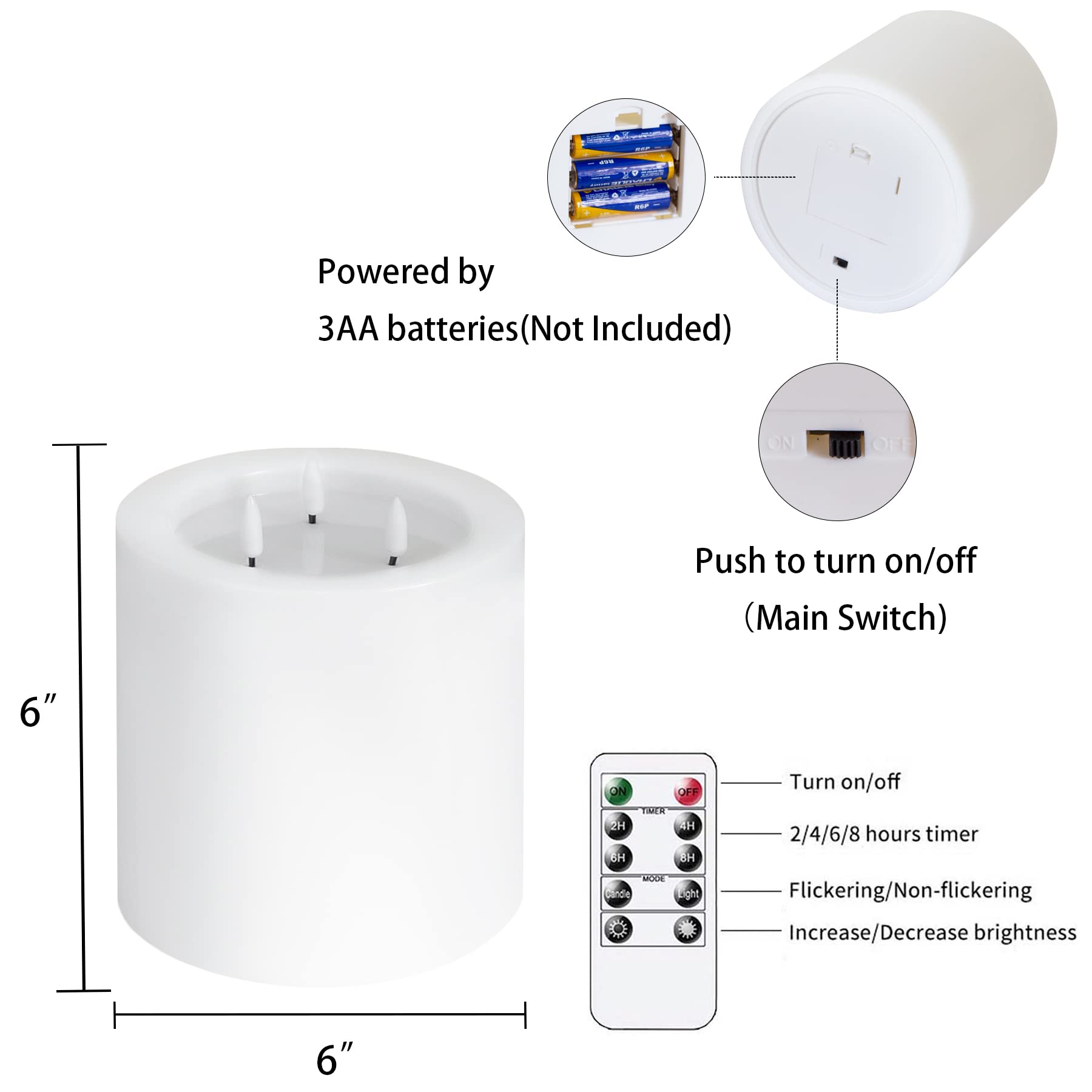 Yeelida 3 Wick 6   X6    Large Flameless Pillar Candles With Remote Control And Timer Function,White Battery Operated Led Flicke