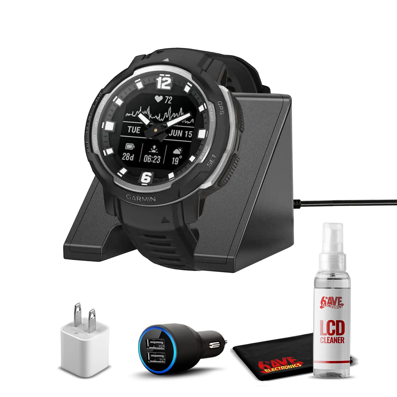 Garmin Instinct Crossover Rugged Hybrid Smartwatch Black with Watch Charging Stand, 2-Port Car Adapter, Wall-Adapter & Watch Cle