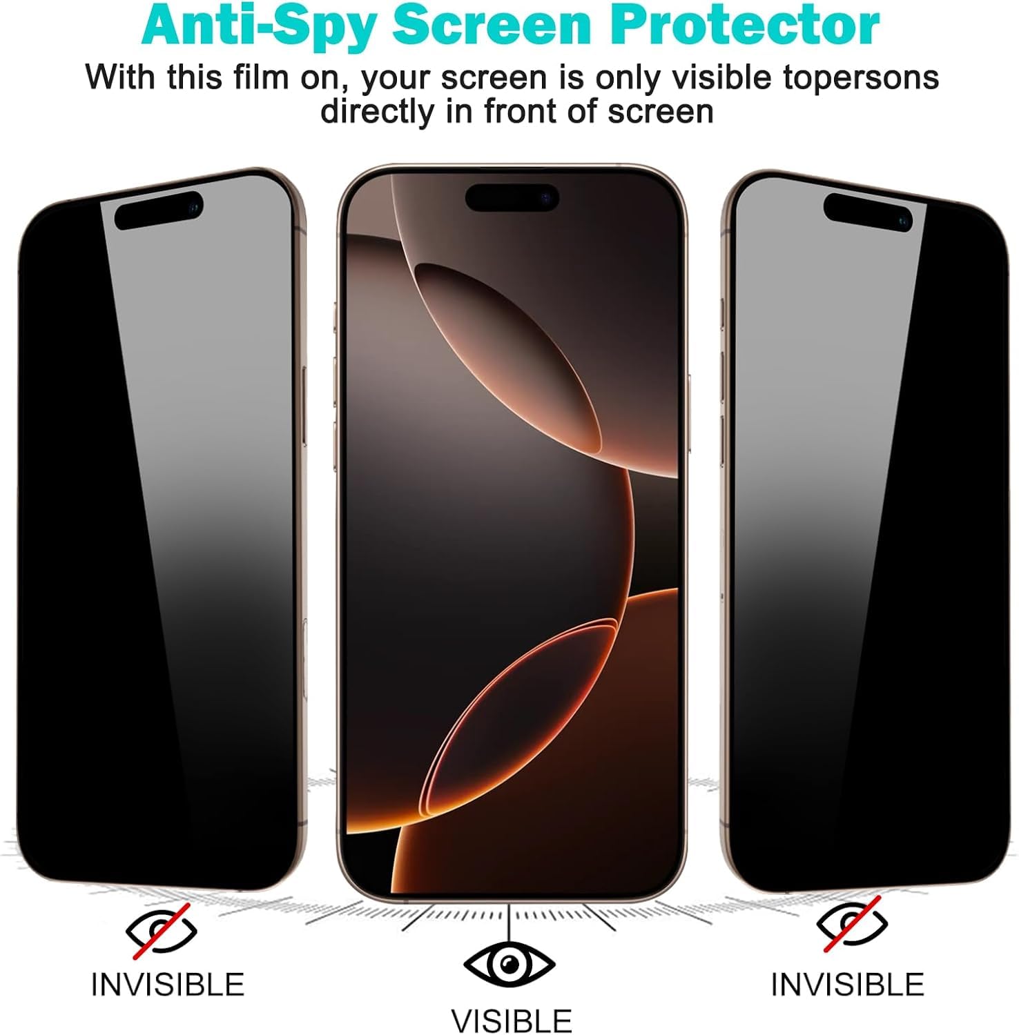 Arerco 3 Pack Privacy Screen Protector + 2 Camera Lens 9H+ Full Cover Glass For Iphone 16 Pro Max Auto Alignment Kit 12Ft Milita