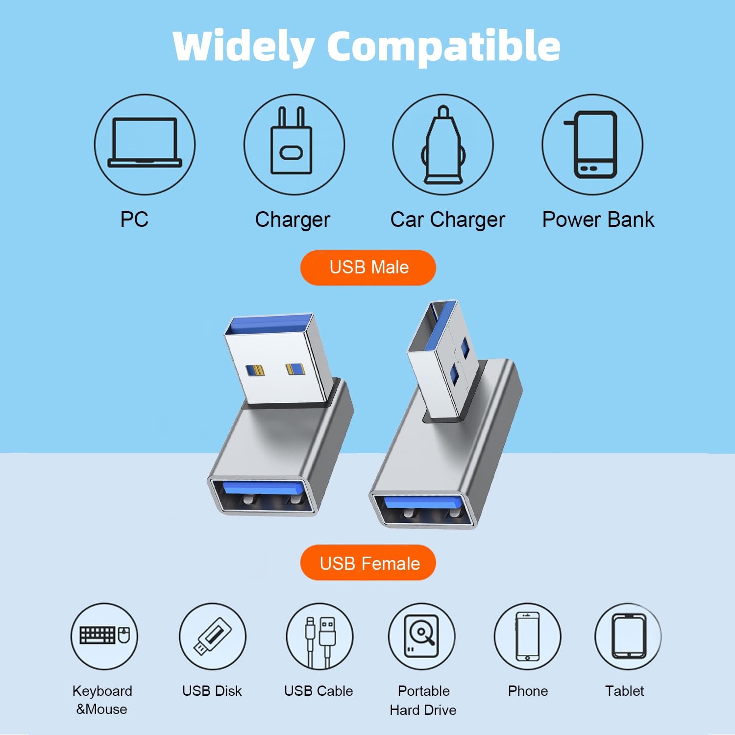 Areme 90 Degree Usb 3.0 Adapter 4 Pack, Up And Down Angle, Left And Right Angle Usb A Male To Female Converter Extender For Pc, Laptop, Usb A Charger, Power Bank And More (Grey)