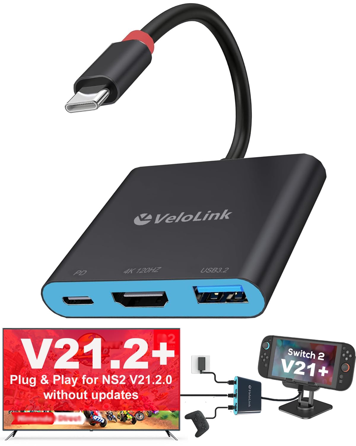 Velolink Switch 2 Dock for Nintendo Switch 2 Plug & Play for Latest V21,Switch 2 Portable Dock with HDMI 2.1/PD/USB A 3.2 Compat