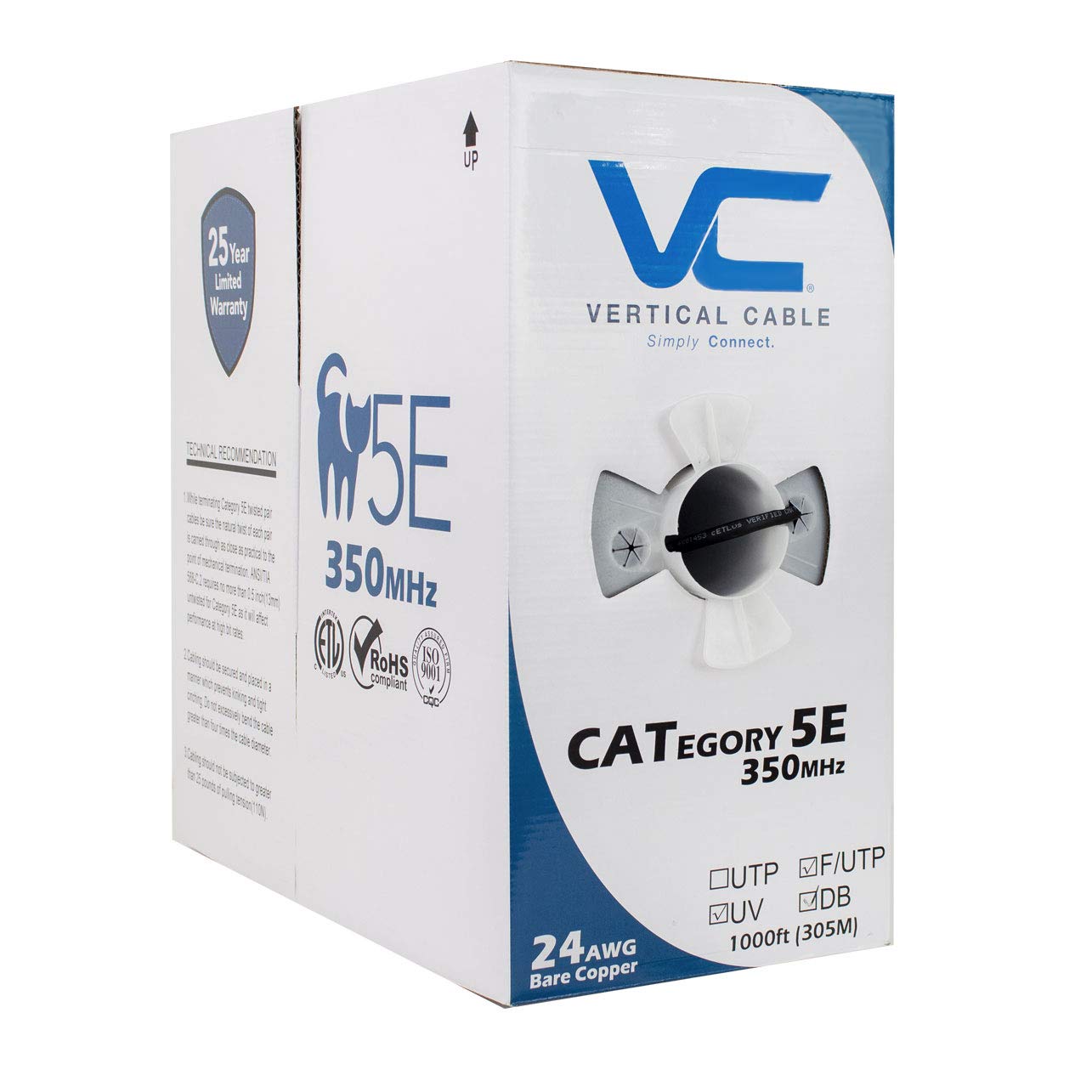 Vertical Cable CAT5E, Shielded Dual Jacket, Direct Burial, 1000ft, Black, Bulk Ethernet Cable