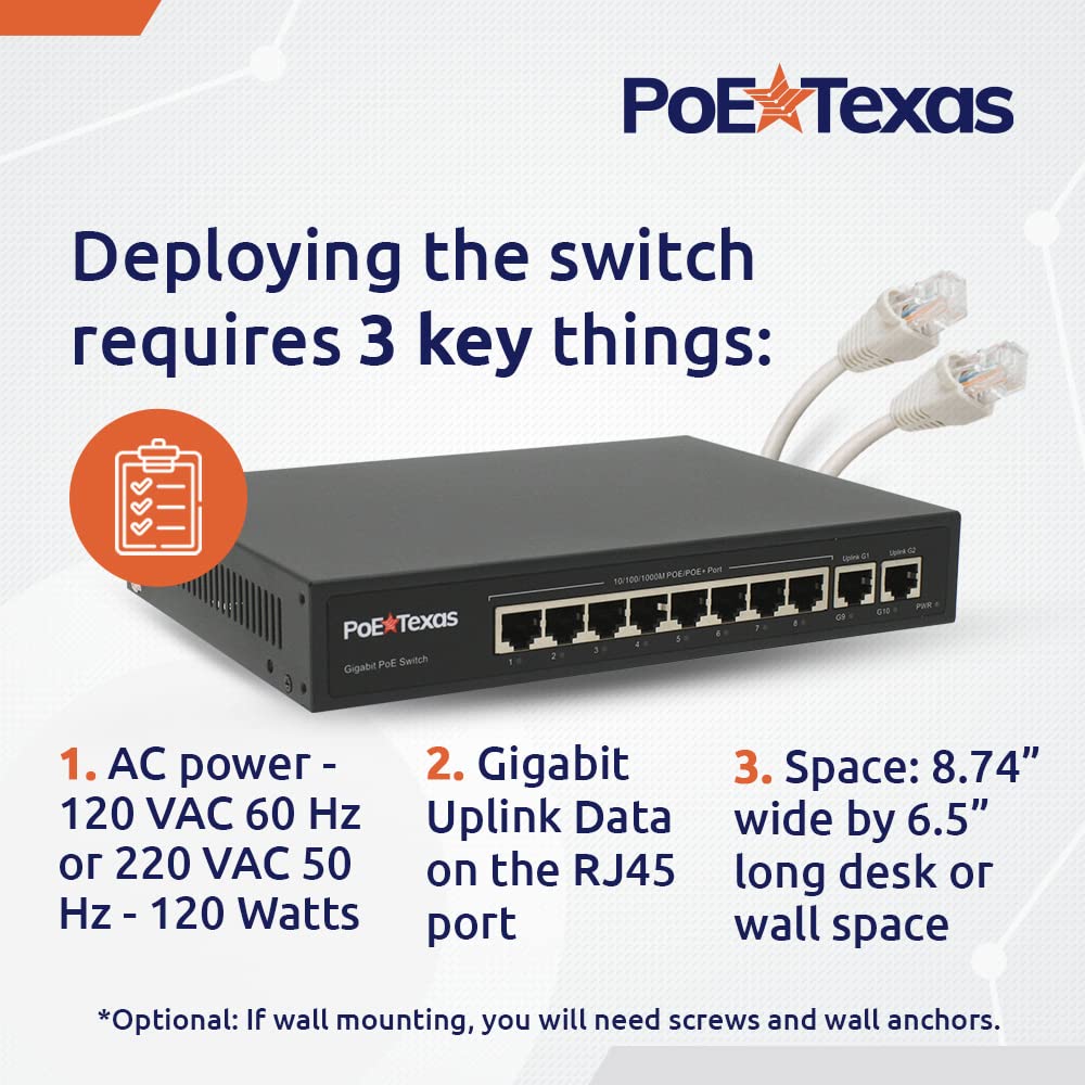 Poe Texas 8 Port Poe Switch   802.3Af/At Power Over Ethernet With 8 Poe+ Ports, 2 Lan Uplink, Vlan & Extender   120W High Speed