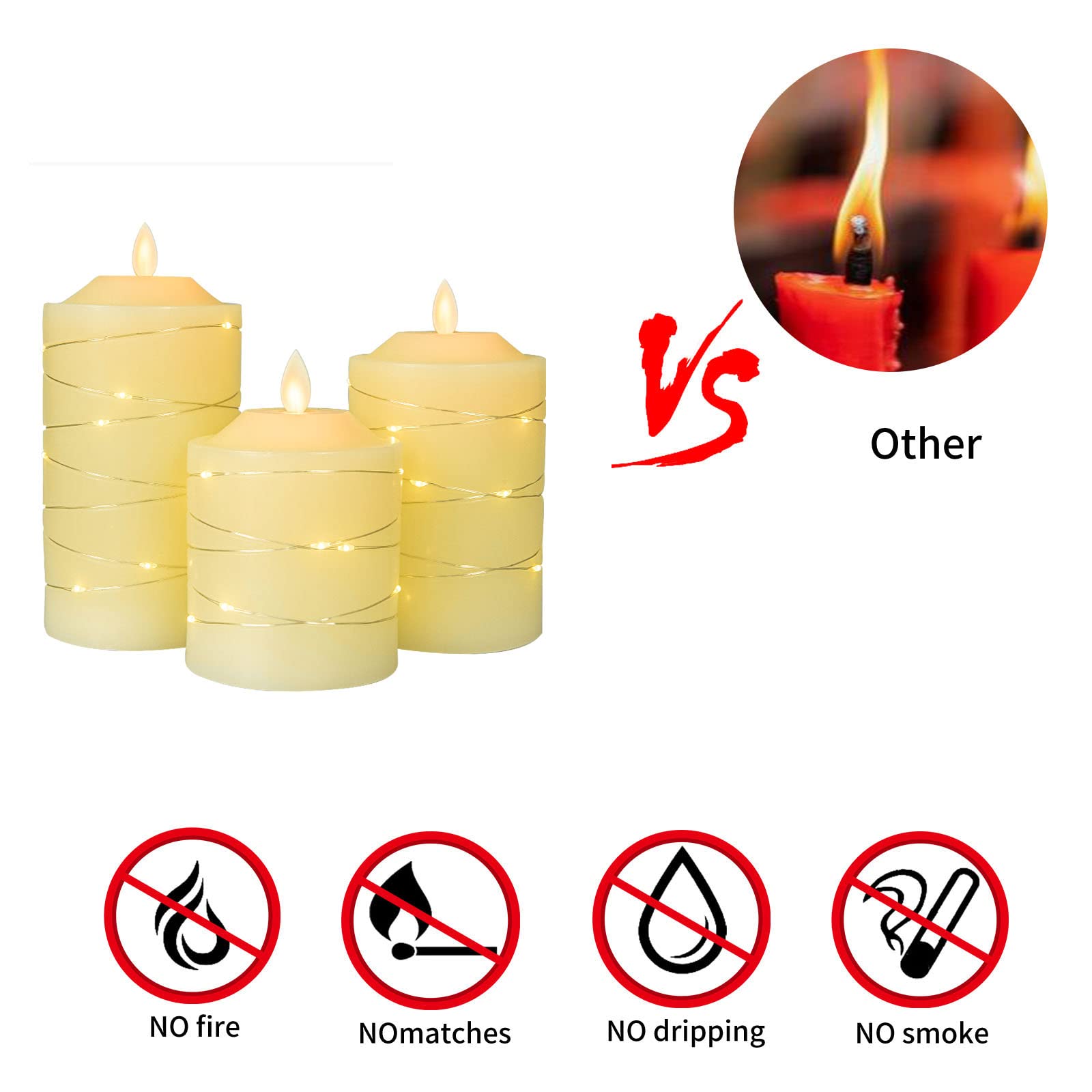 Battery Operated Flameless Led Candles: With Embedded String Lights, 3 Pack Flickering Electric Candle With 10 Key Remote Contro
