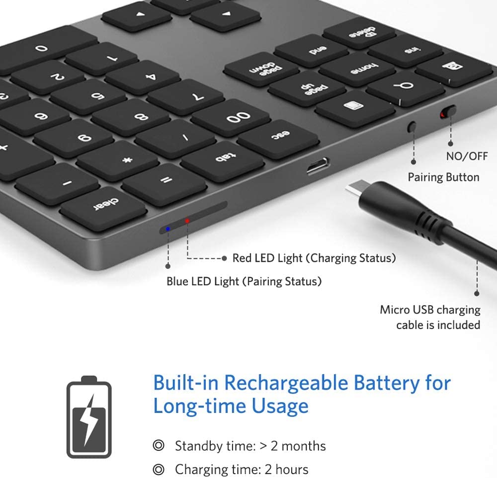 Joyeky Bluetooth Number Pad, Aluminum Rechargeable Numeric Keypad Wireless 34 Keys Number Keyboard Shortcut Keypad Numpad Data E
